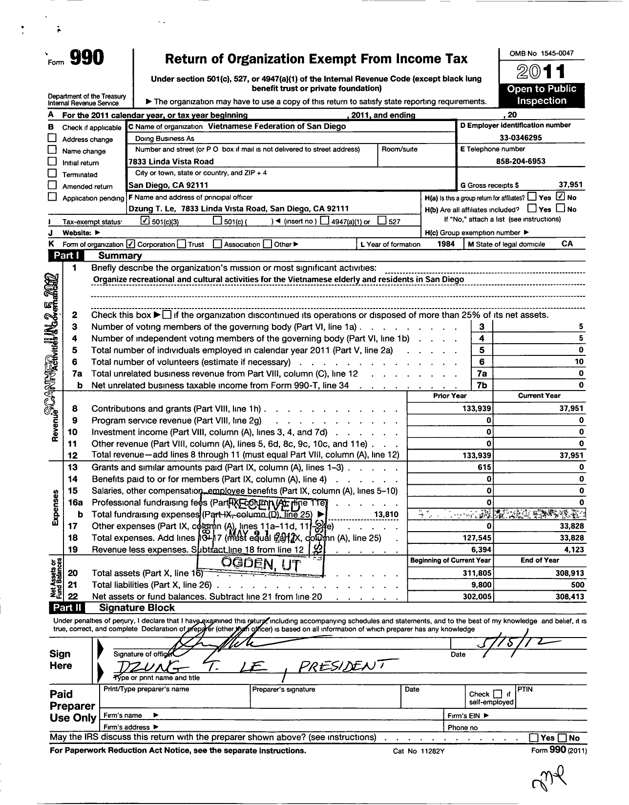 Image of first page of 2011 Form 990 for Vietnamese Federation of San Diego