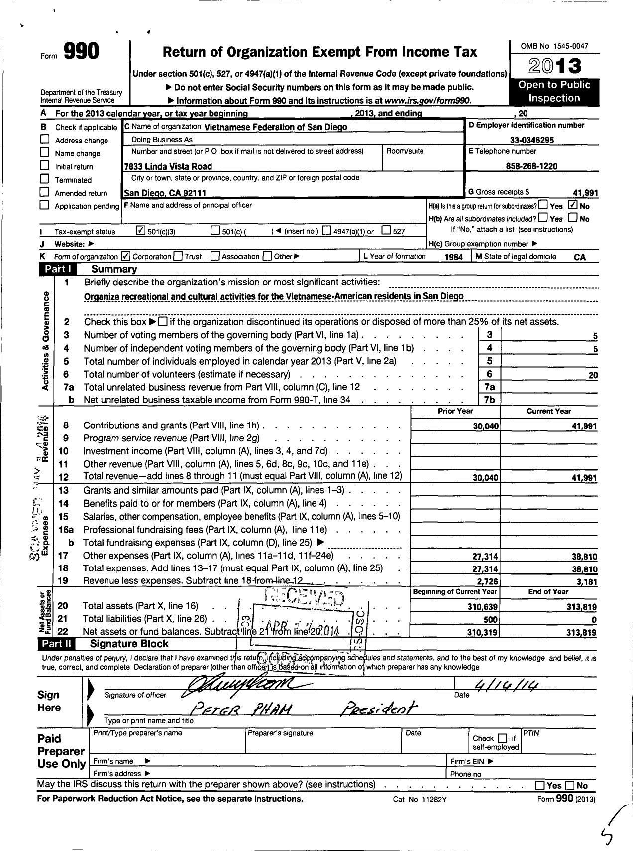 Image of first page of 2013 Form 990 for Vietnamese Federation of San Diego