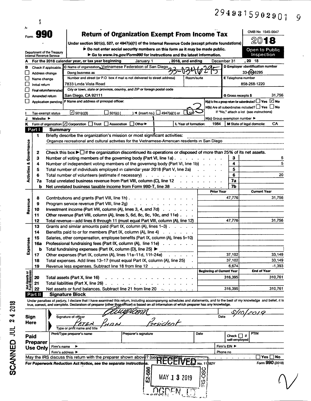 Image of first page of 2018 Form 990 for Vietnamese Federation of San Diego