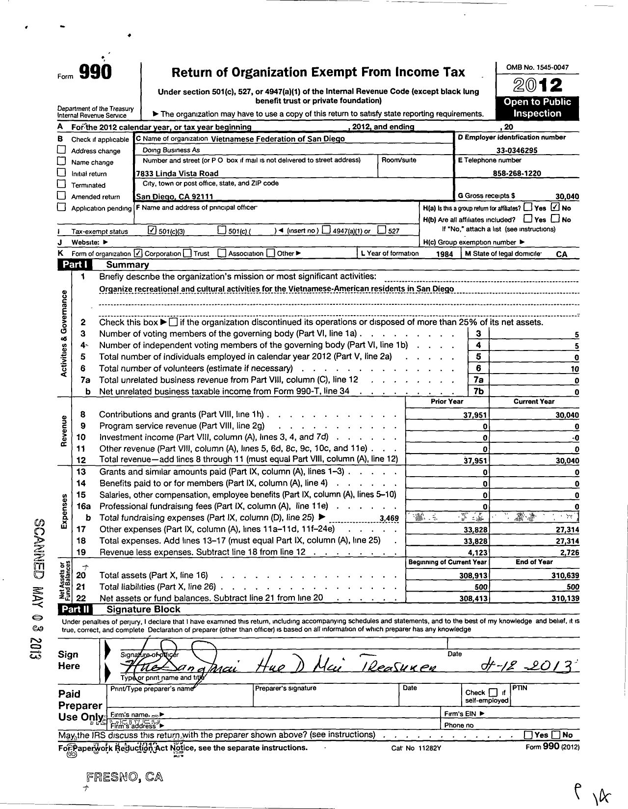 Image of first page of 2012 Form 990 for Vietnamese Federation of San Diego