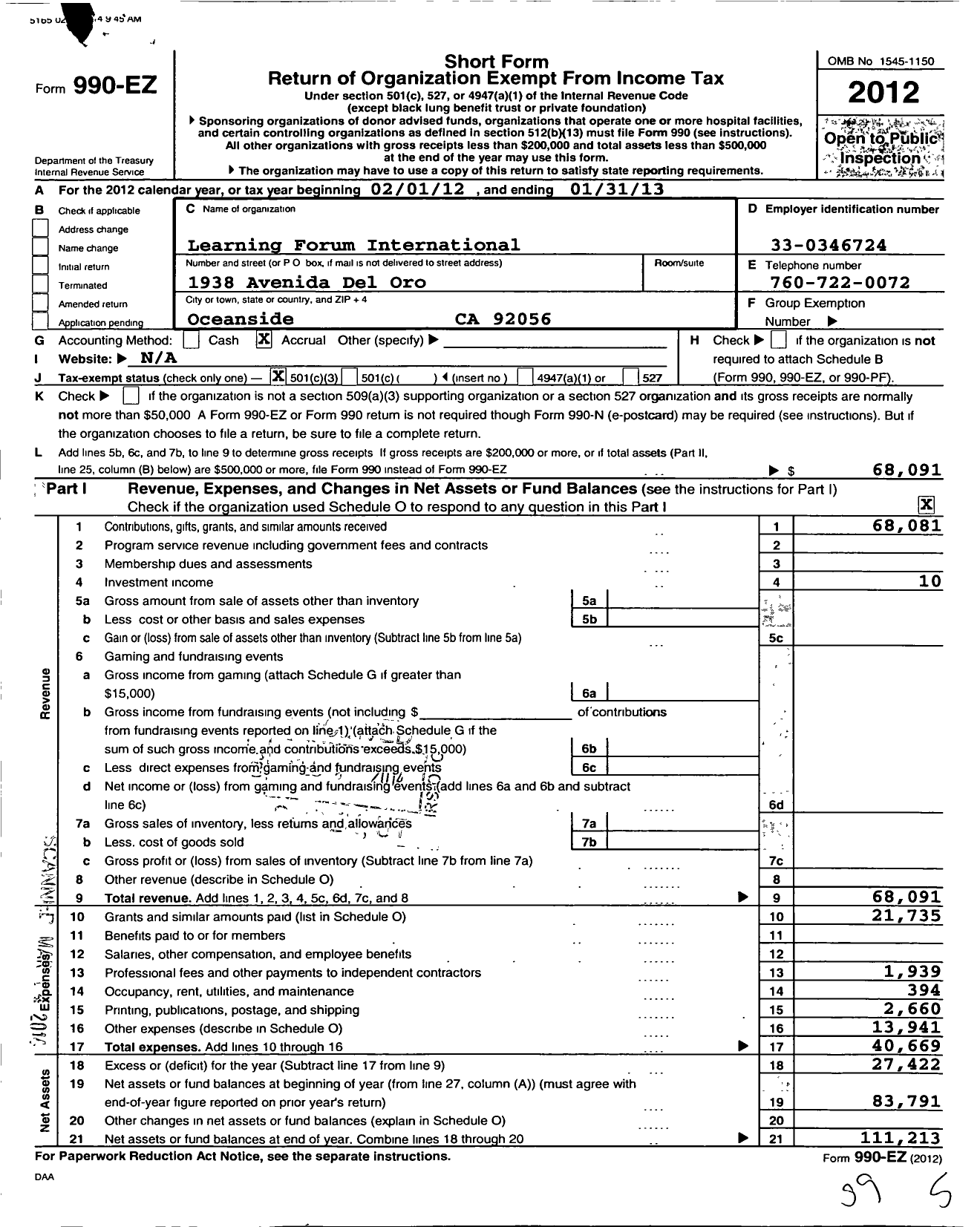 Image of first page of 2012 Form 990EZ for Learning Forum International