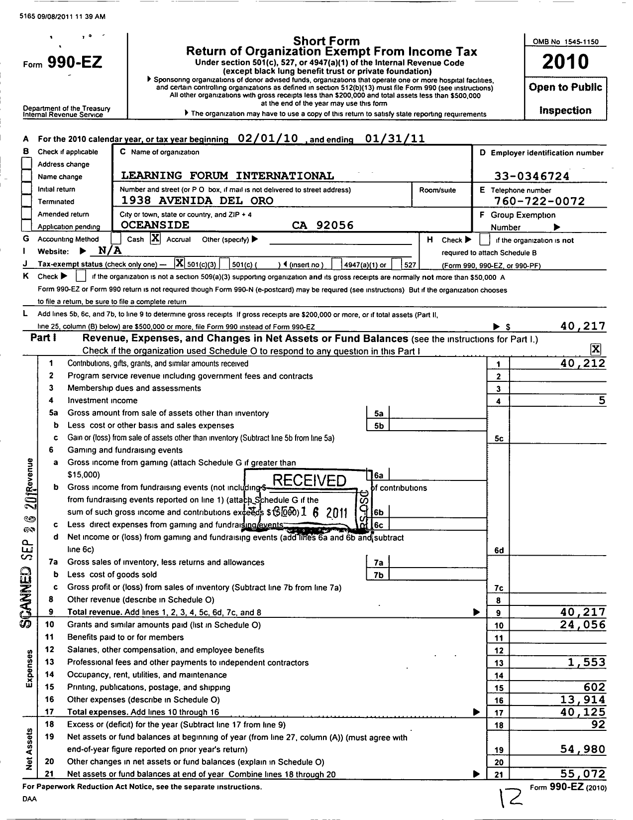 Image of first page of 2010 Form 990EZ for Learning Forum International