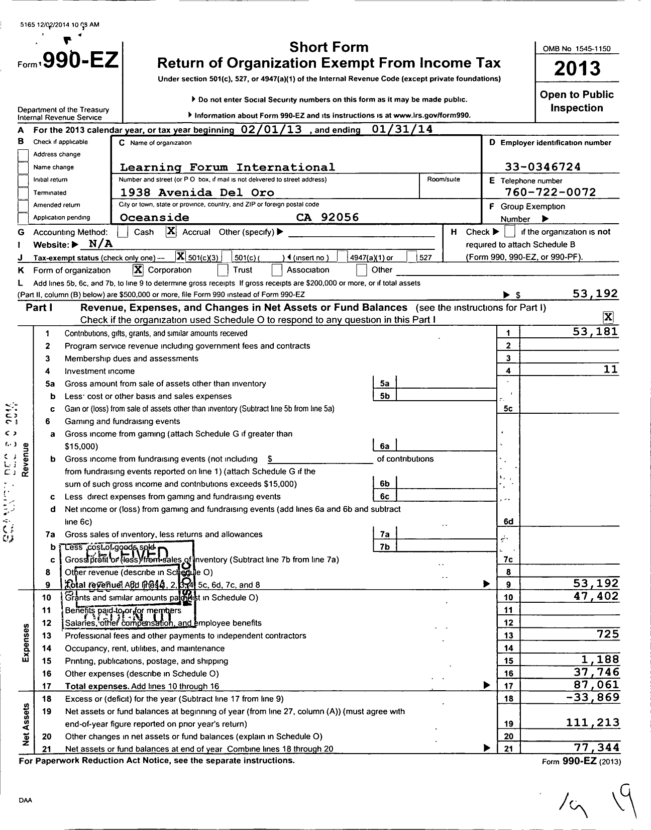 Image of first page of 2013 Form 990EZ for Learning Forum International