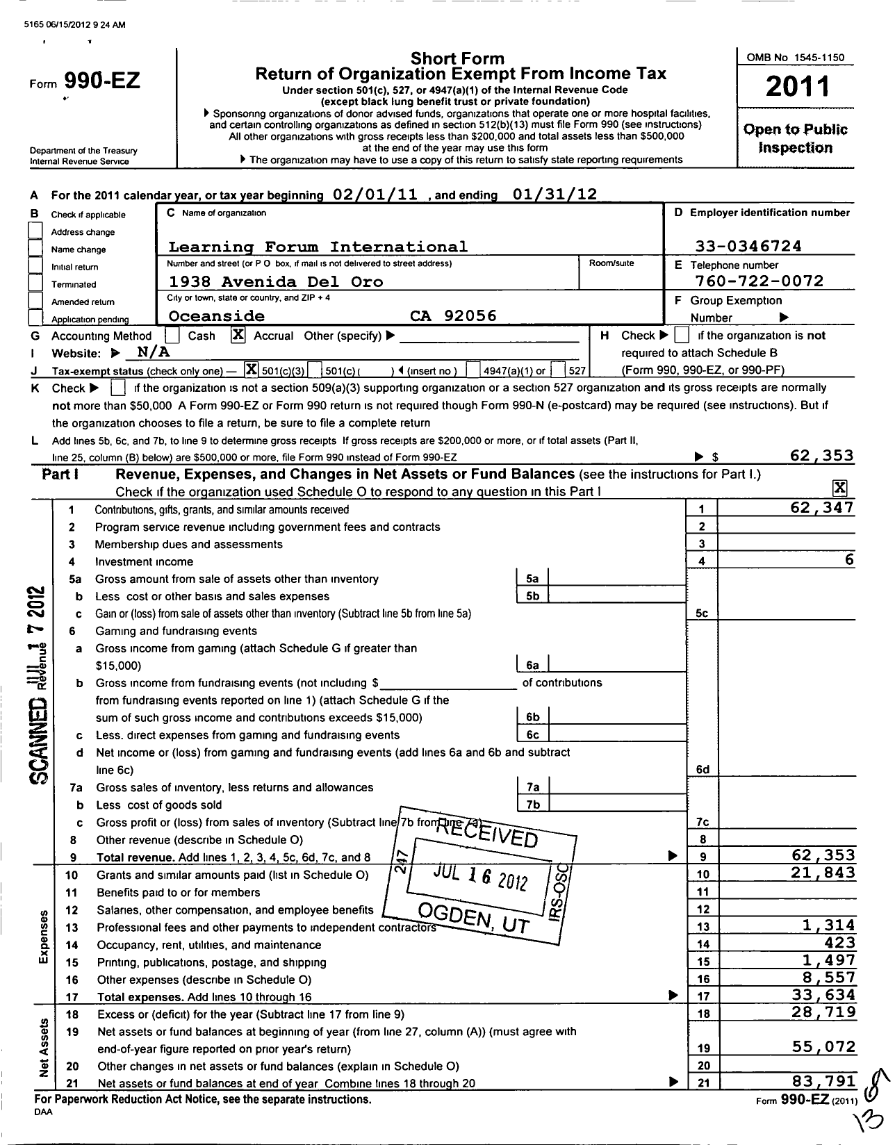 Image of first page of 2011 Form 990EZ for Learning Forum International