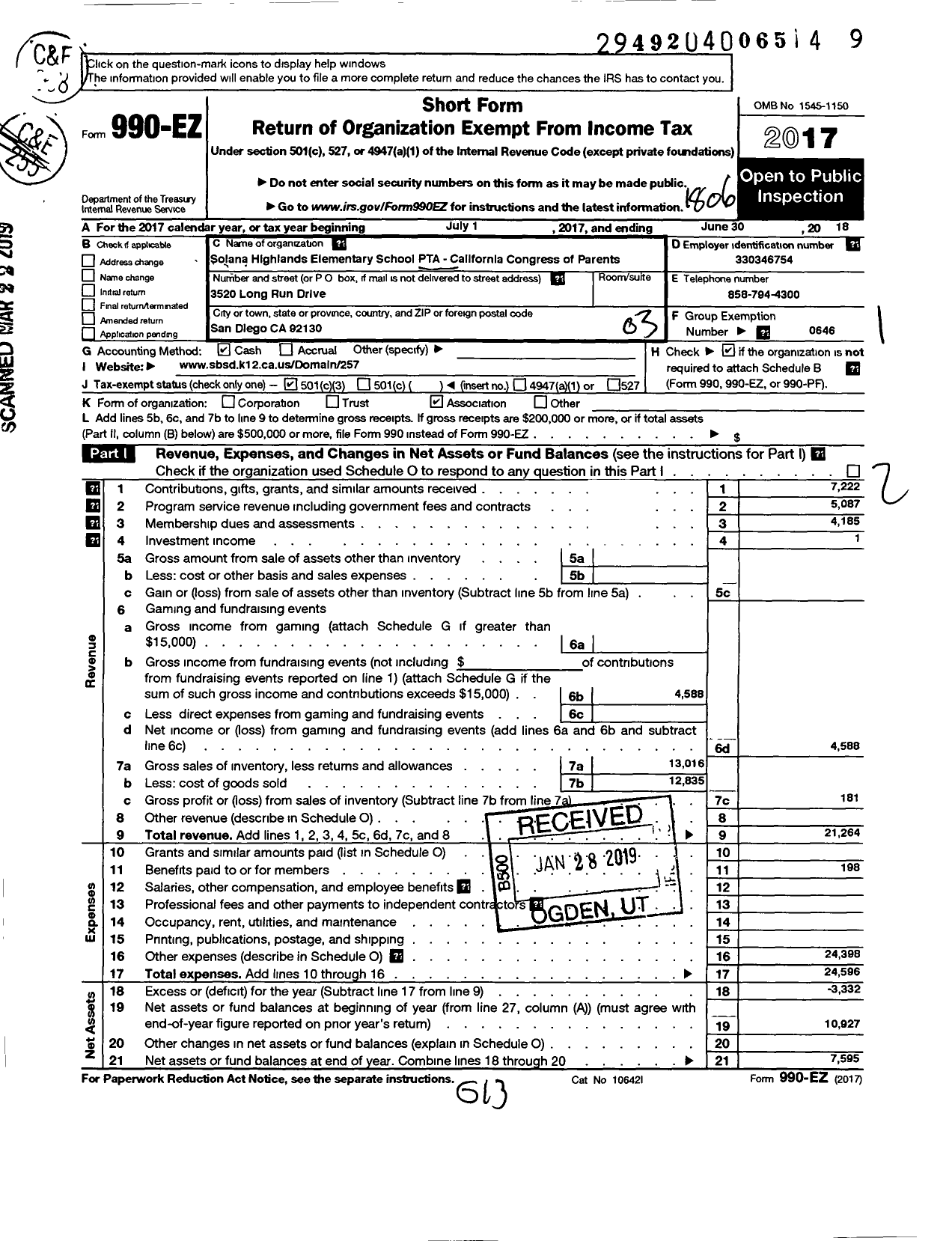 Image of first page of 2017 Form 990EZ for California State PTA - Solana Highlands Elementary PTA