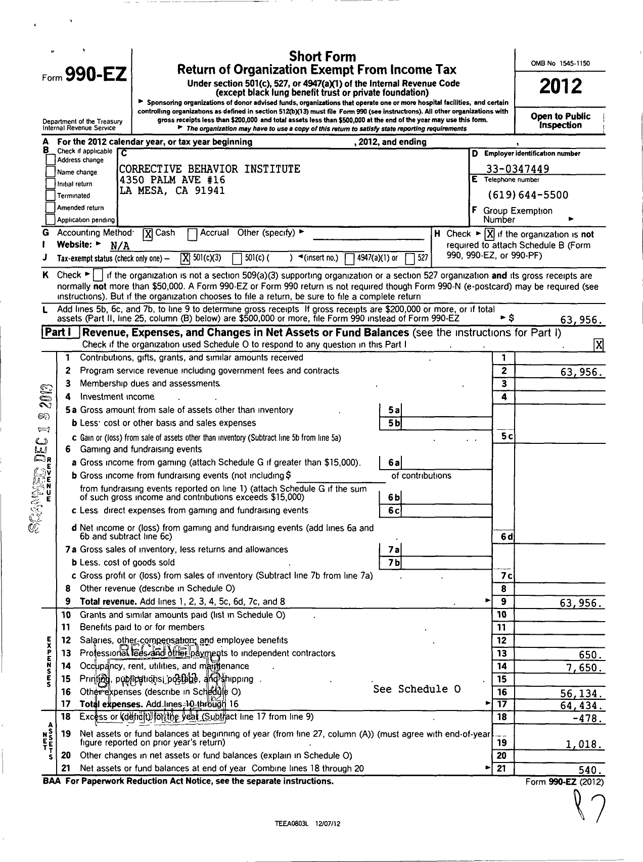 Image of first page of 2012 Form 990EZ for Corrective Behavior Institute