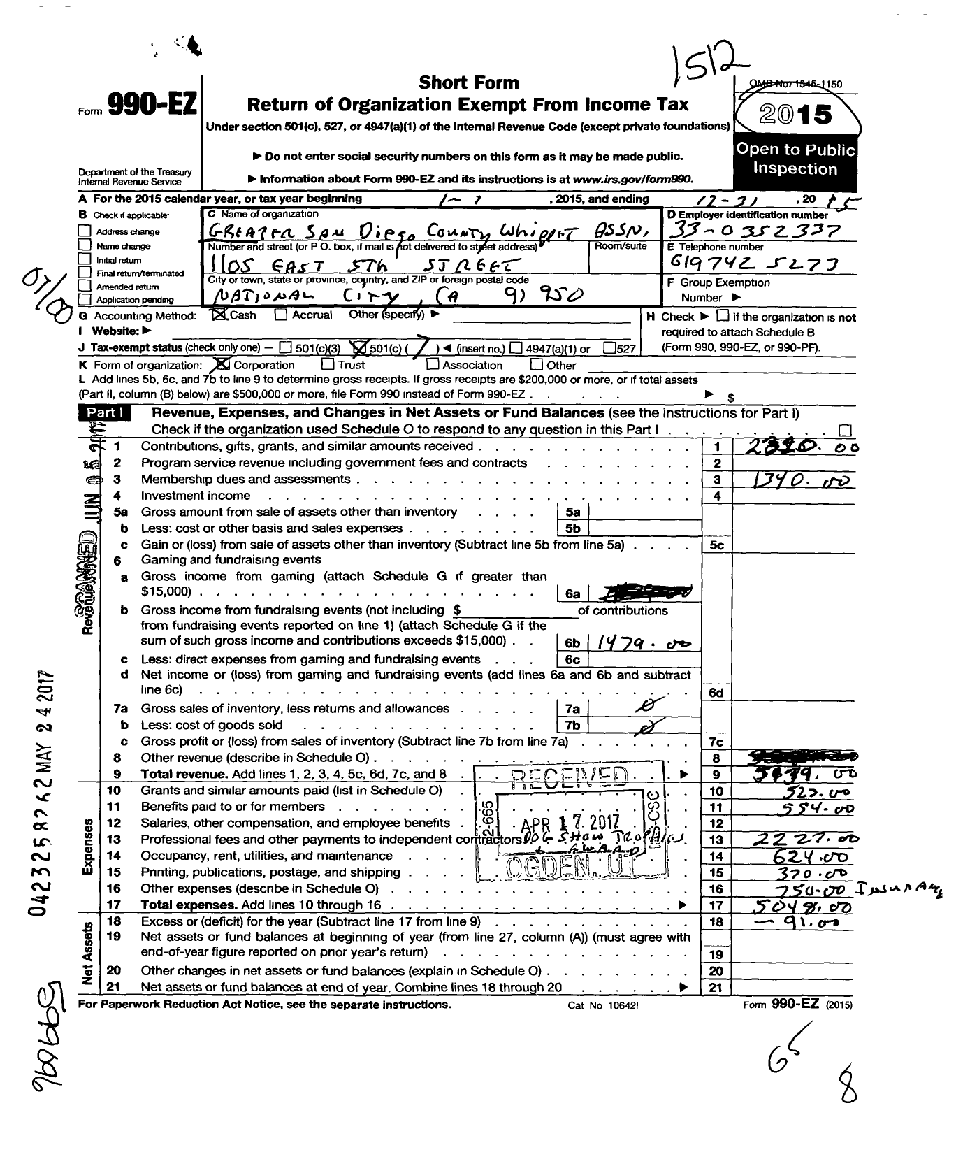 Image of first page of 2015 Form 990EO for Greater San Diego County Whippet Association