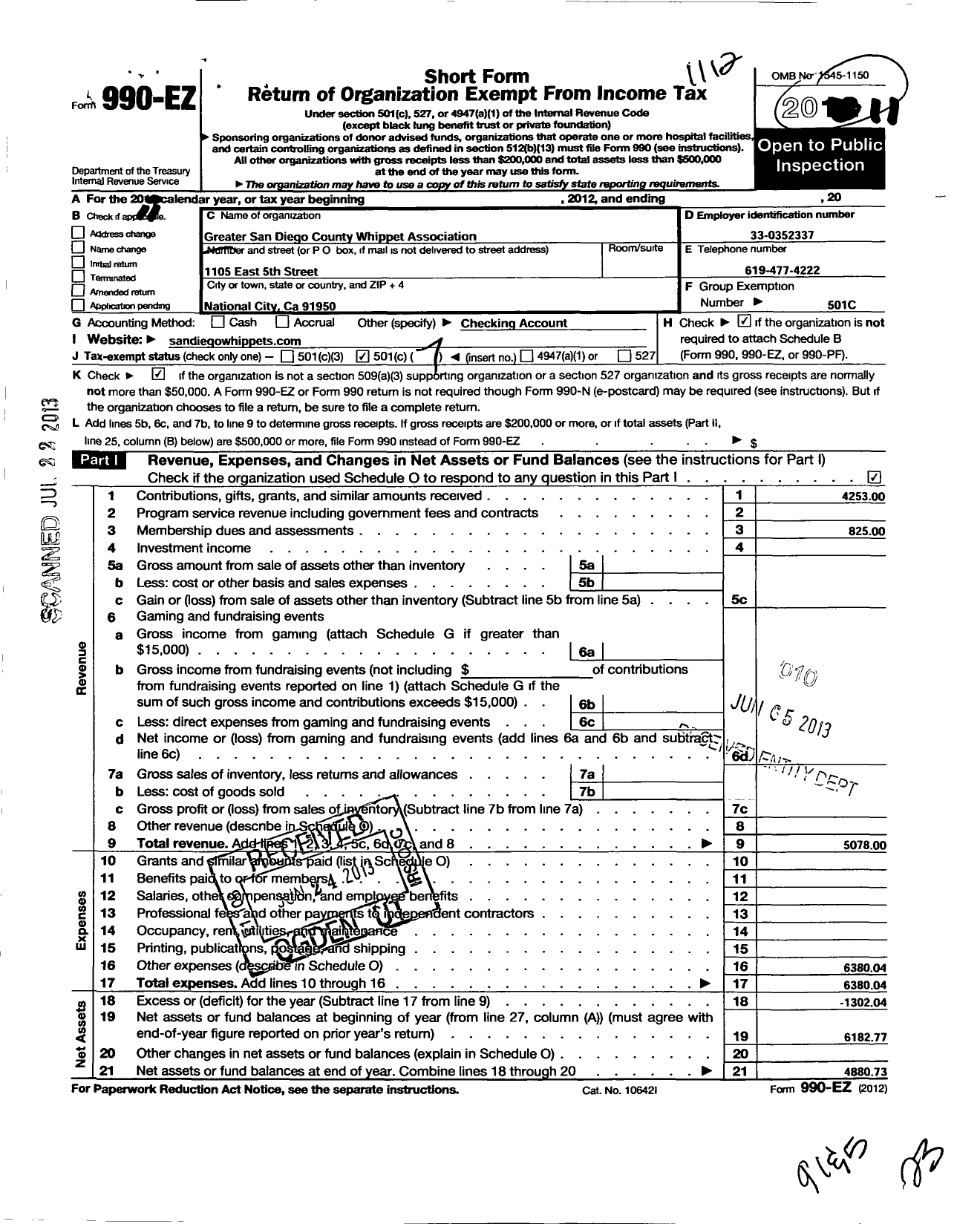 Image of first page of 2011 Form 990EO for Greater San Diego County Whippet Association