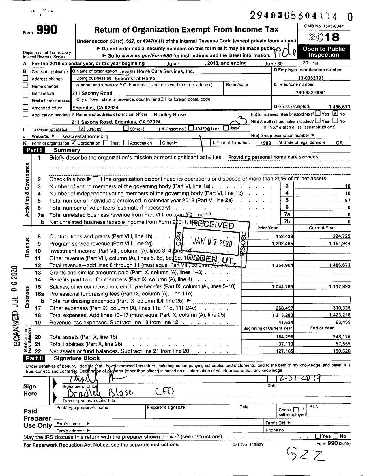 Image of first page of 2018 Form 990 for Jewish Home Care Services Inc A Calif Non-profit Bene Corp Seacrest at Home