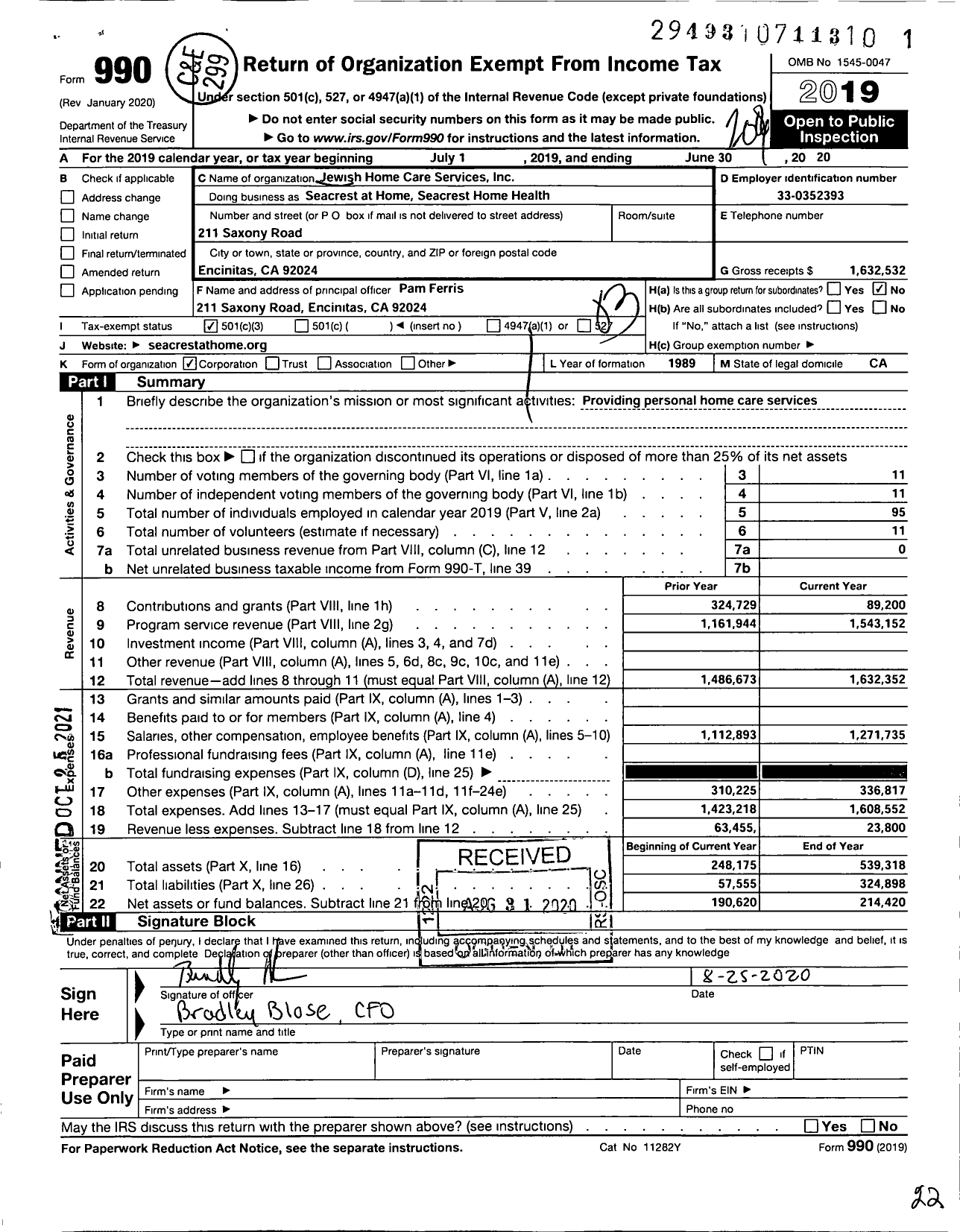 Image of first page of 2019 Form 990 for Jewish Home Care Services Inc A Calif Non-profit Bene Corp Seacrest at Home