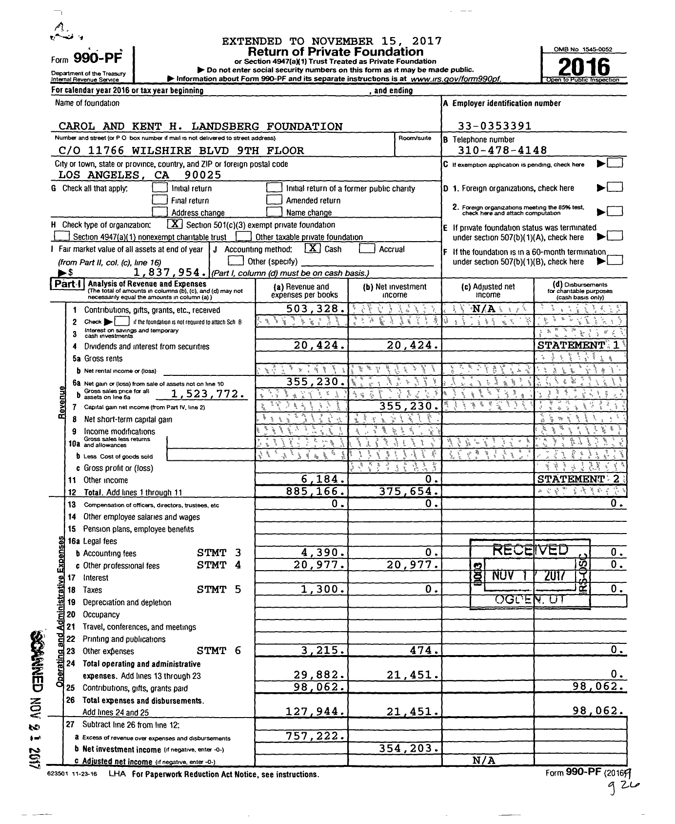 Image of first page of 2016 Form 990PF for Carol and Kent H Landsberg Foundation