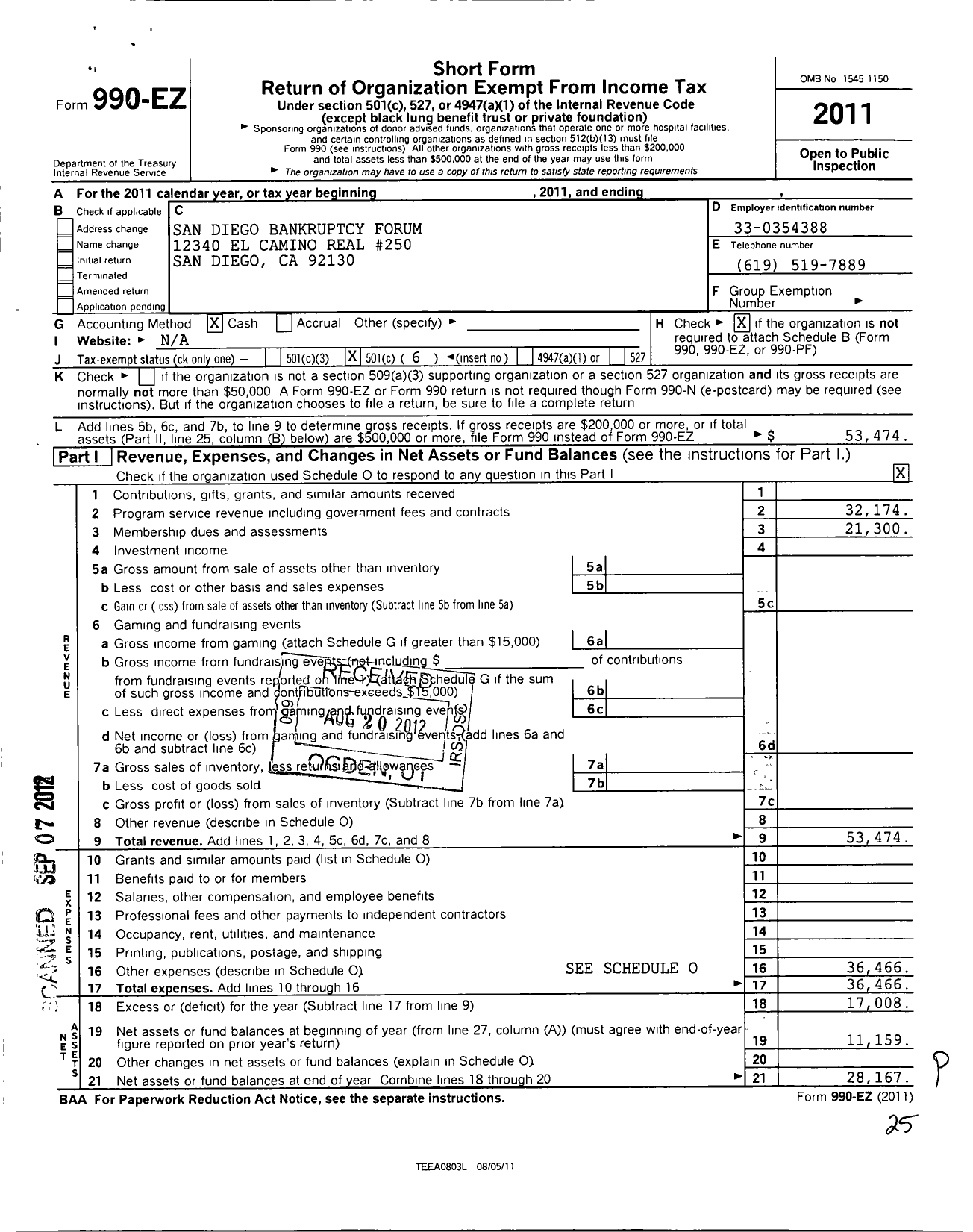 Image of first page of 2011 Form 990EO for San Diego Bankruptcy Forum