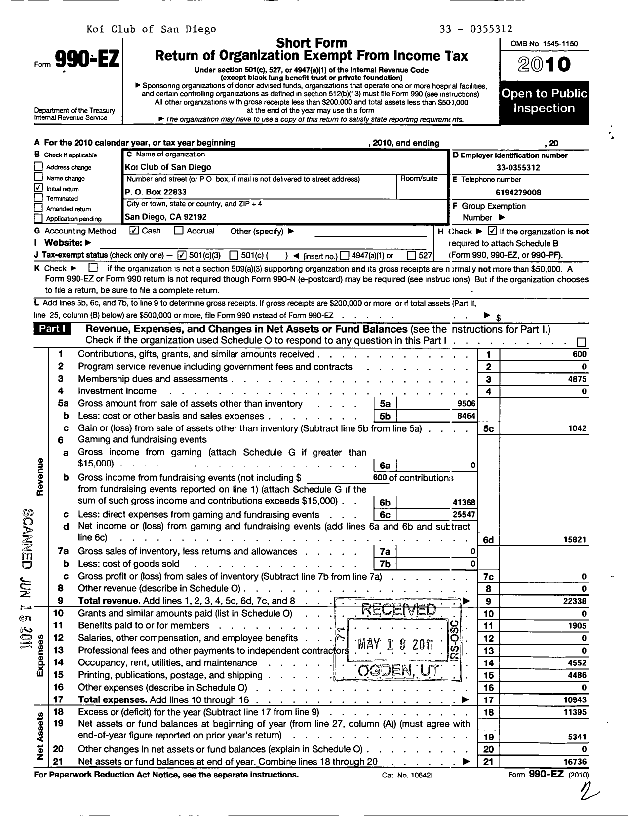 Image of first page of 2010 Form 990EZ for Koi Club of San Diego