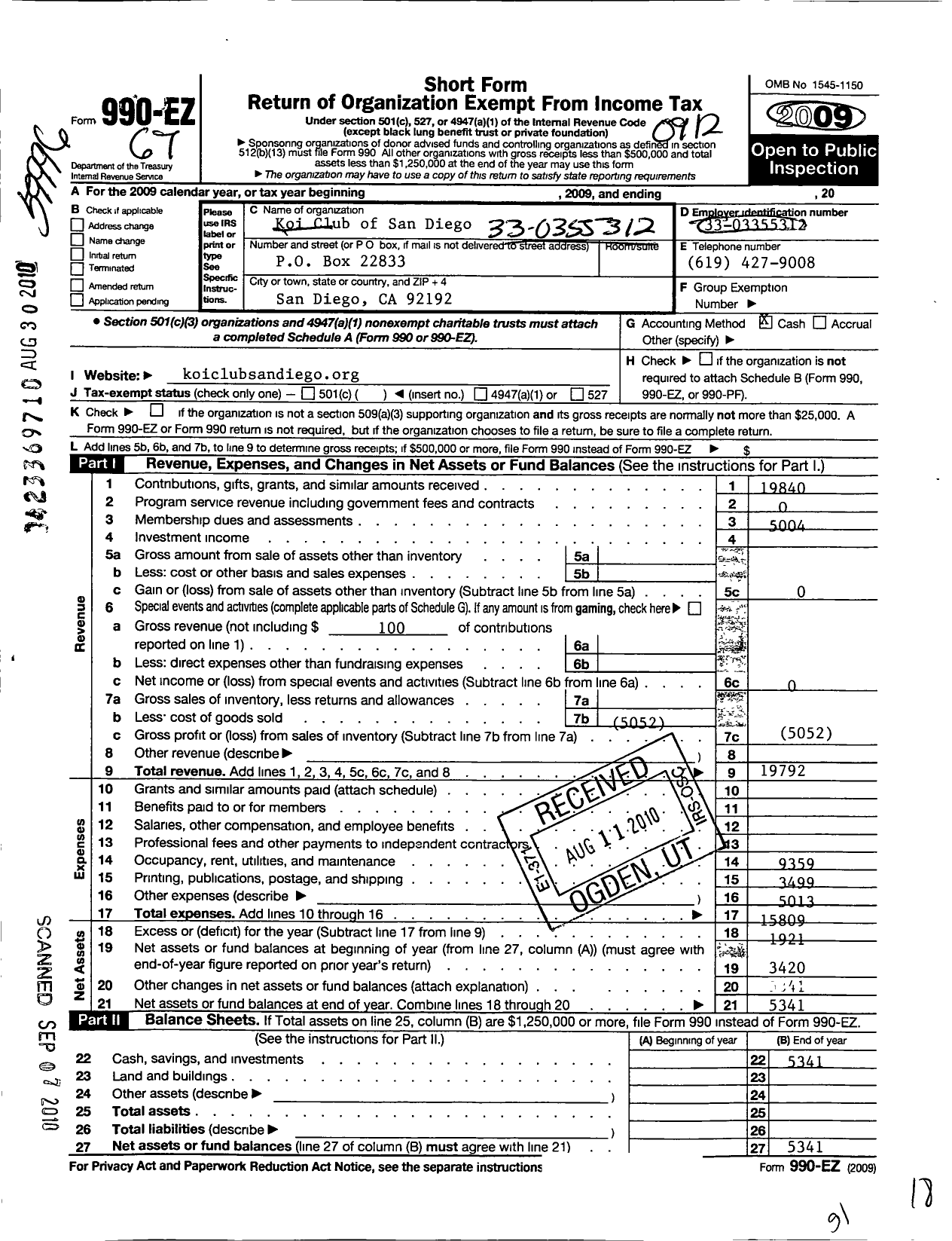 Image of first page of 2009 Form 990EO for Koi Club of San Diego