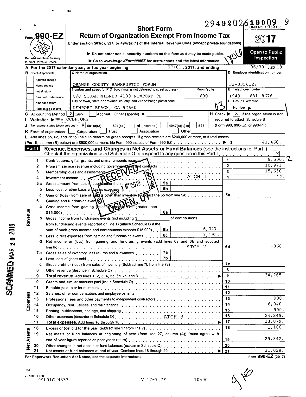 Image of first page of 2017 Form 990EZ for Orange County Bankruptcy Forum