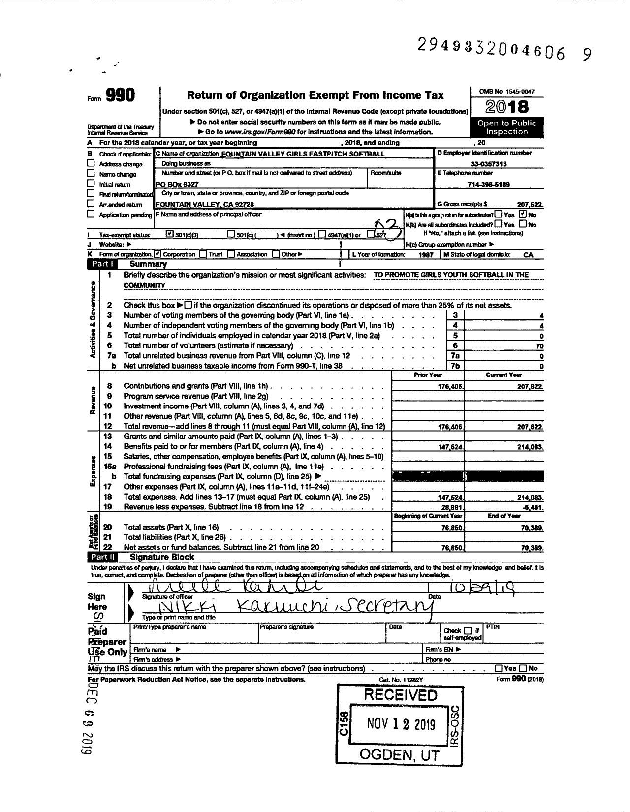 Image of first page of 2018 Form 990 for Fountain VALLEY Girls Fastpitch Softball