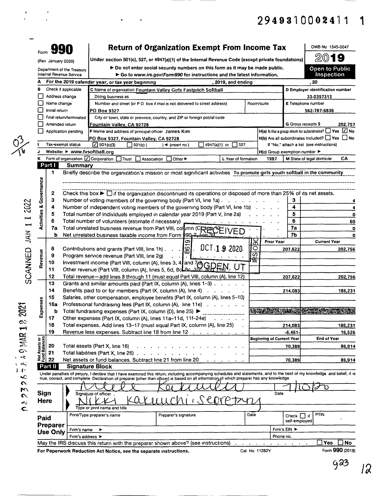 Image of first page of 2019 Form 990 for Fountain VALLEY Girls Fastpitch Softball