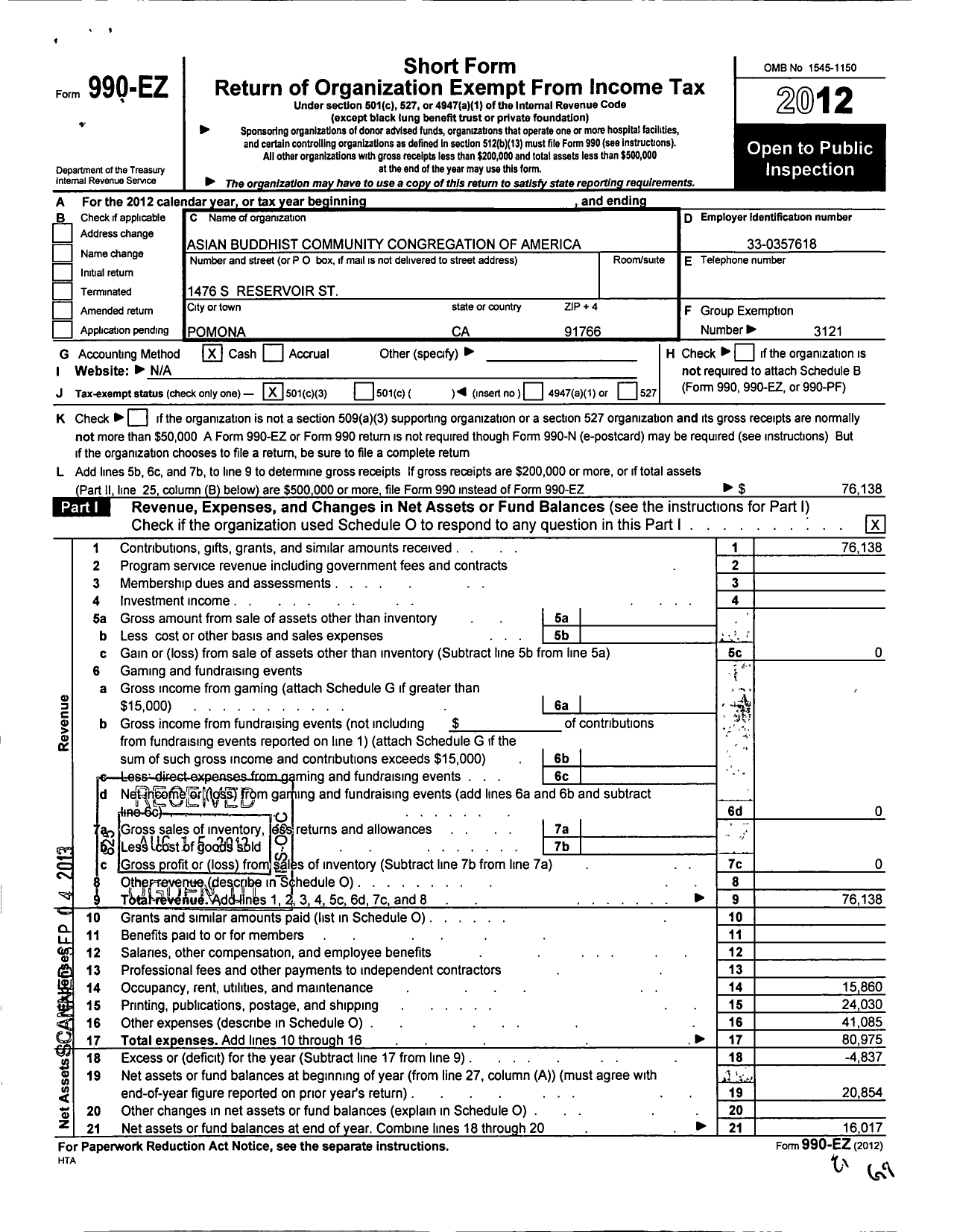 Image of first page of 2012 Form 990EZ for Asian Buddhist Community Congregation of America