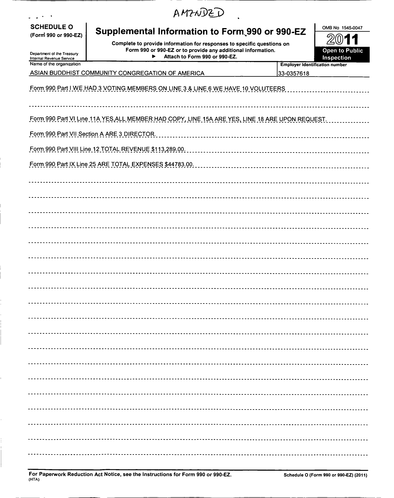 Image of first page of 2011 Form 990R for Asian Buddhist Community Congregation of America