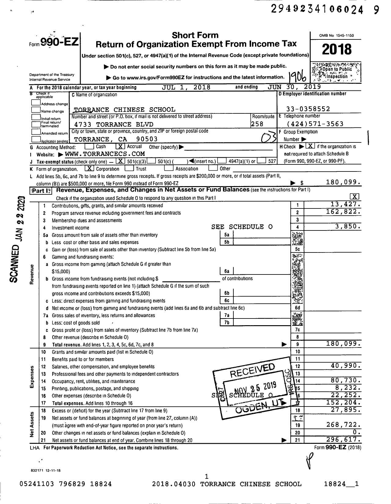 Image of first page of 2018 Form 990EZ for Torrance Chinese School