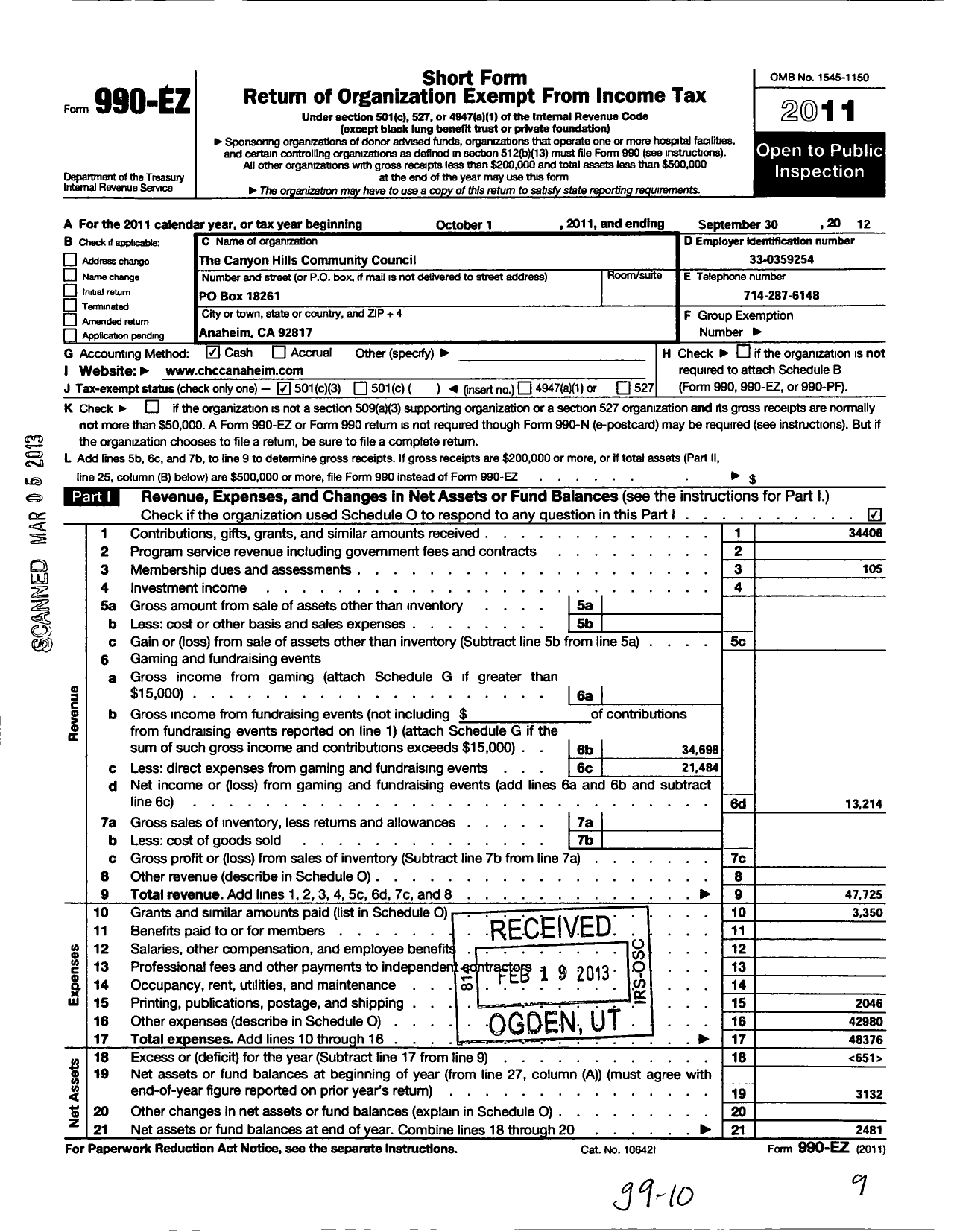 Image of first page of 2011 Form 990EZ for Canyon Hills Community Council