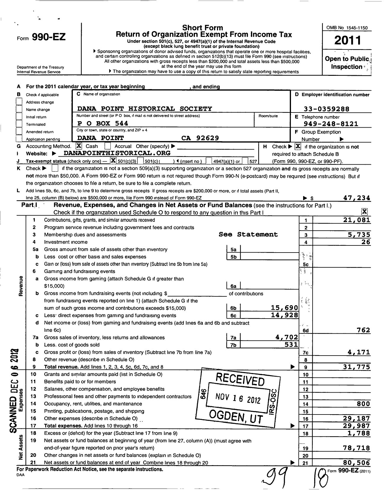 Image of first page of 2011 Form 990EZ for Dana Point Historical Society