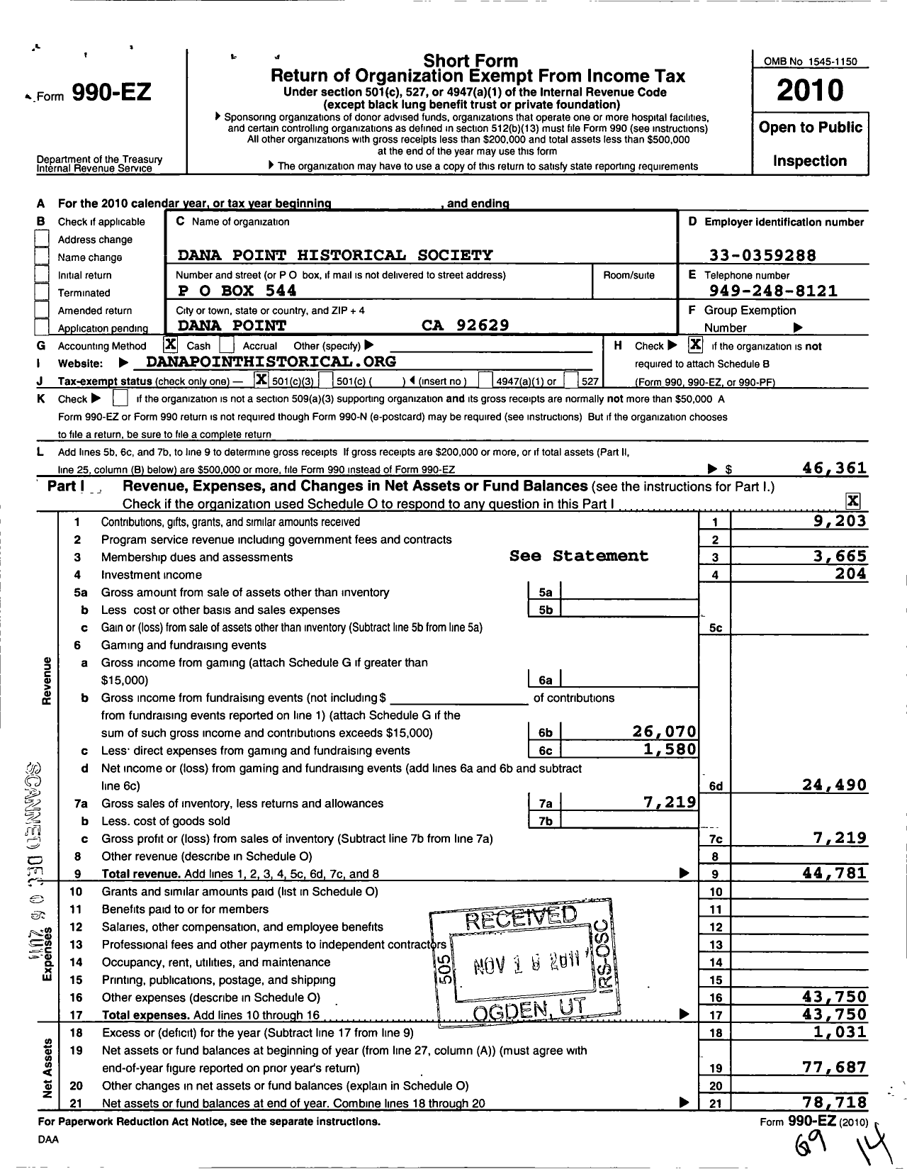 Image of first page of 2010 Form 990EZ for Dana Point Historical Society