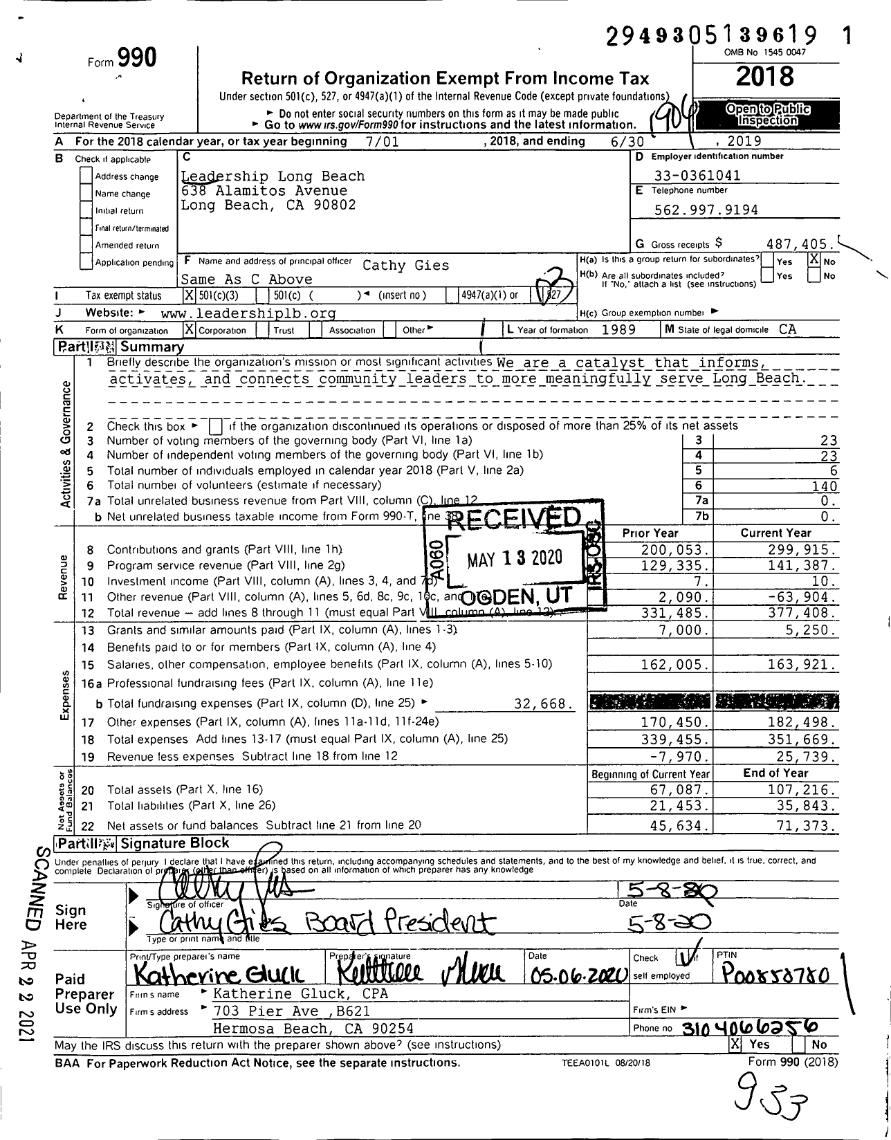 Image of first page of 2018 Form 990 for Leadership Long Beach