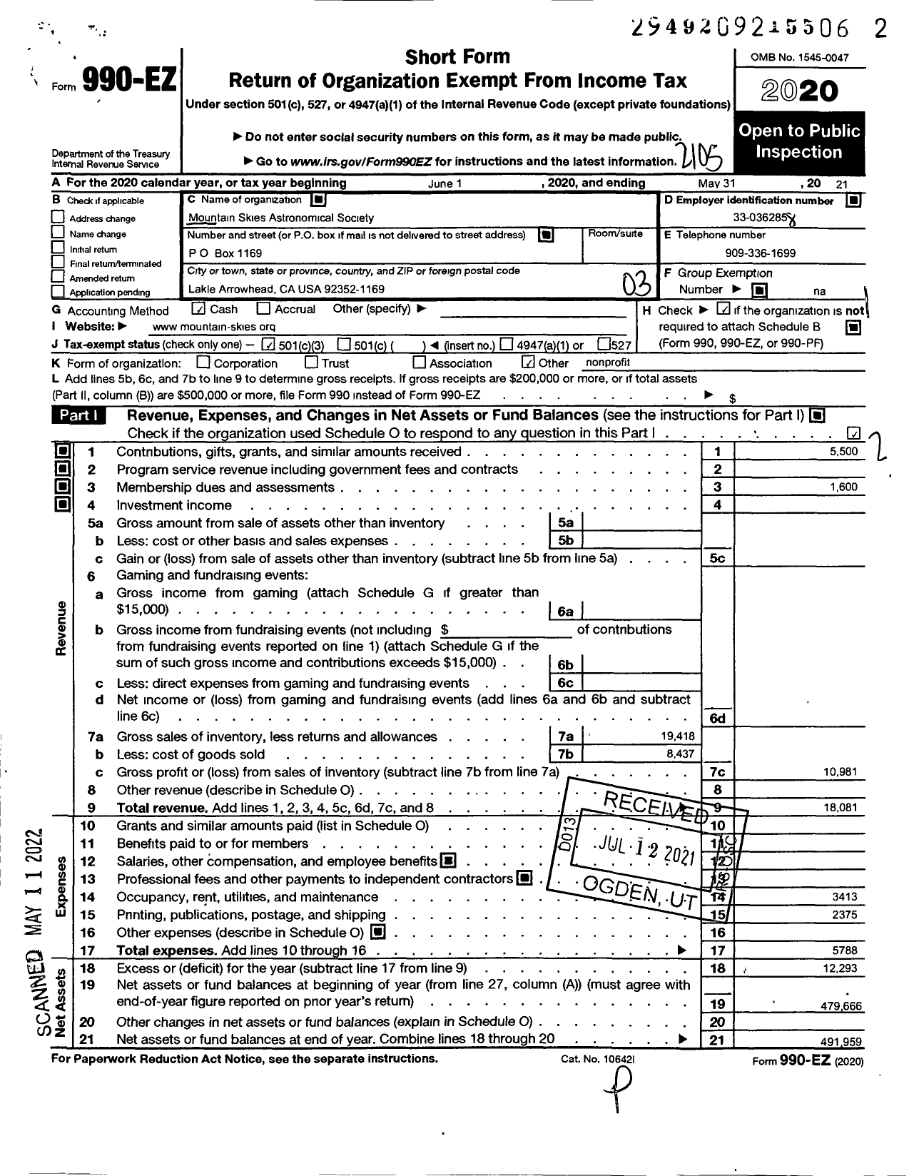 Image of first page of 2020 Form 990EZ for Mountain Skies Astronomical Society