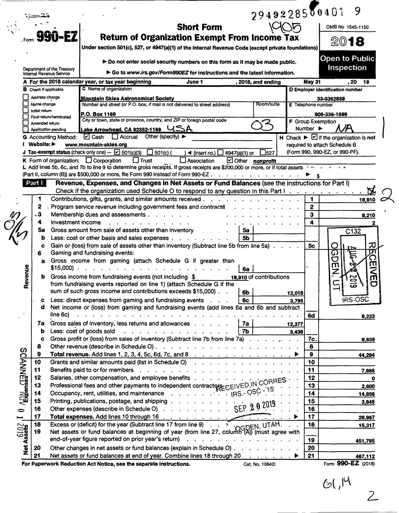 Image of first page of 2018 Form 990EZ for Mountain Skies Astronomical Society