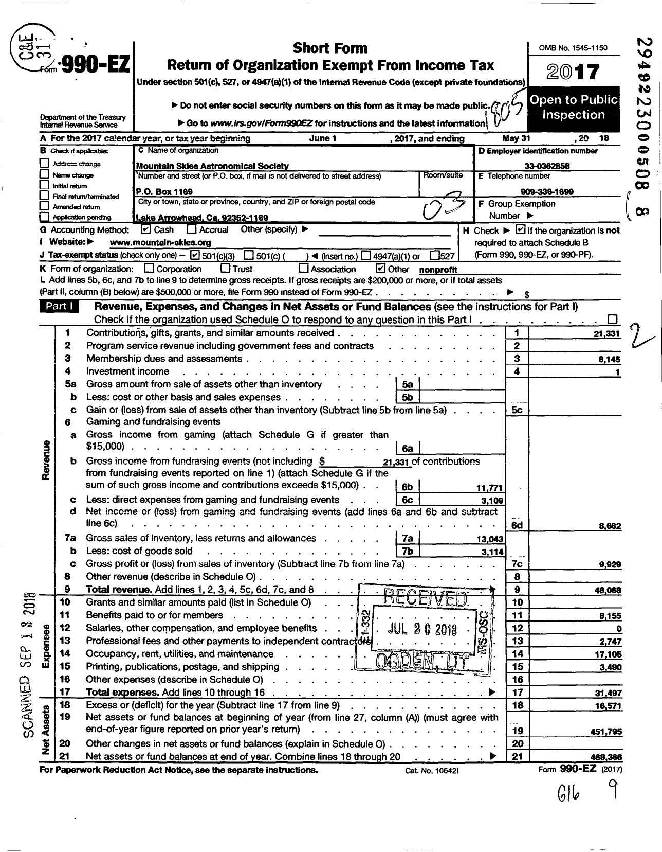 Image of first page of 2017 Form 990EZ for Mountain Skies Astronomical Society