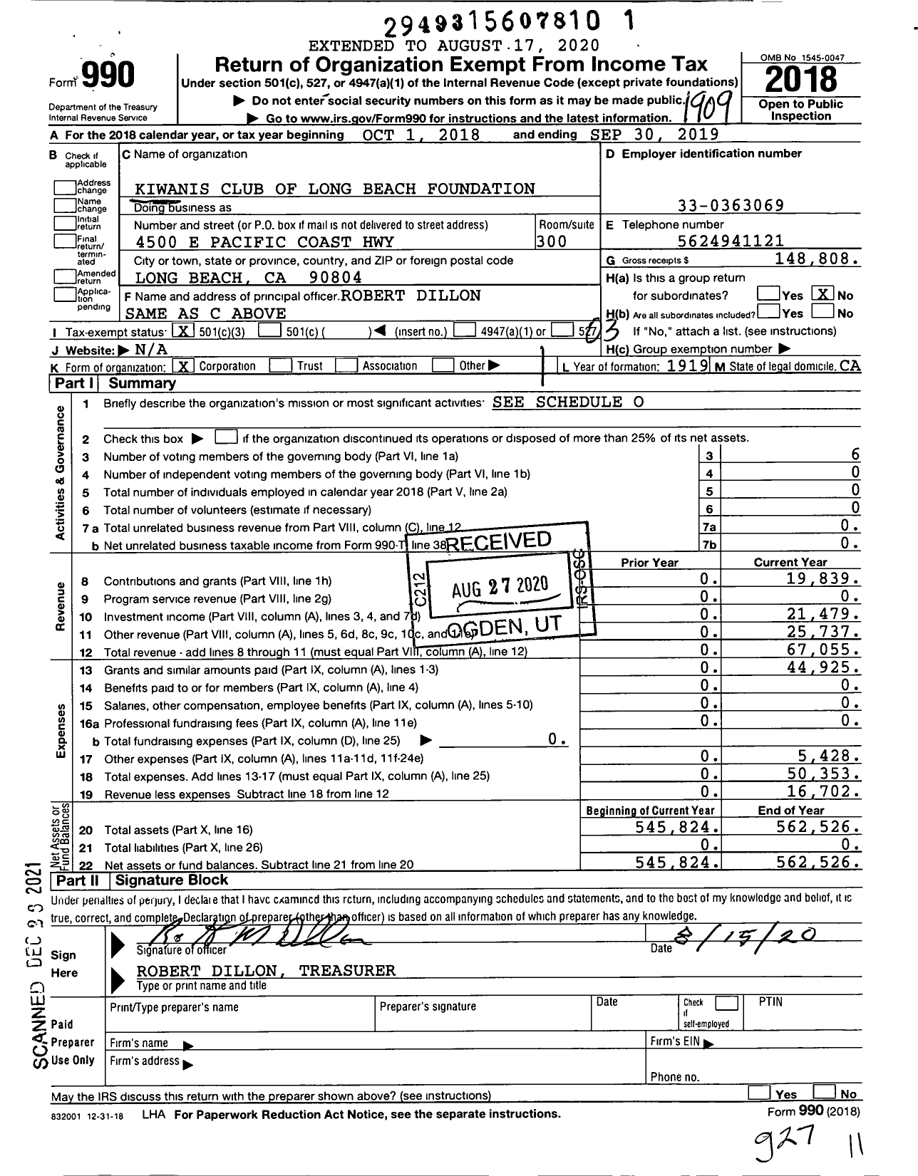 Image of first page of 2018 Form 990 for Kiwanis Club of Long Beach Foundation