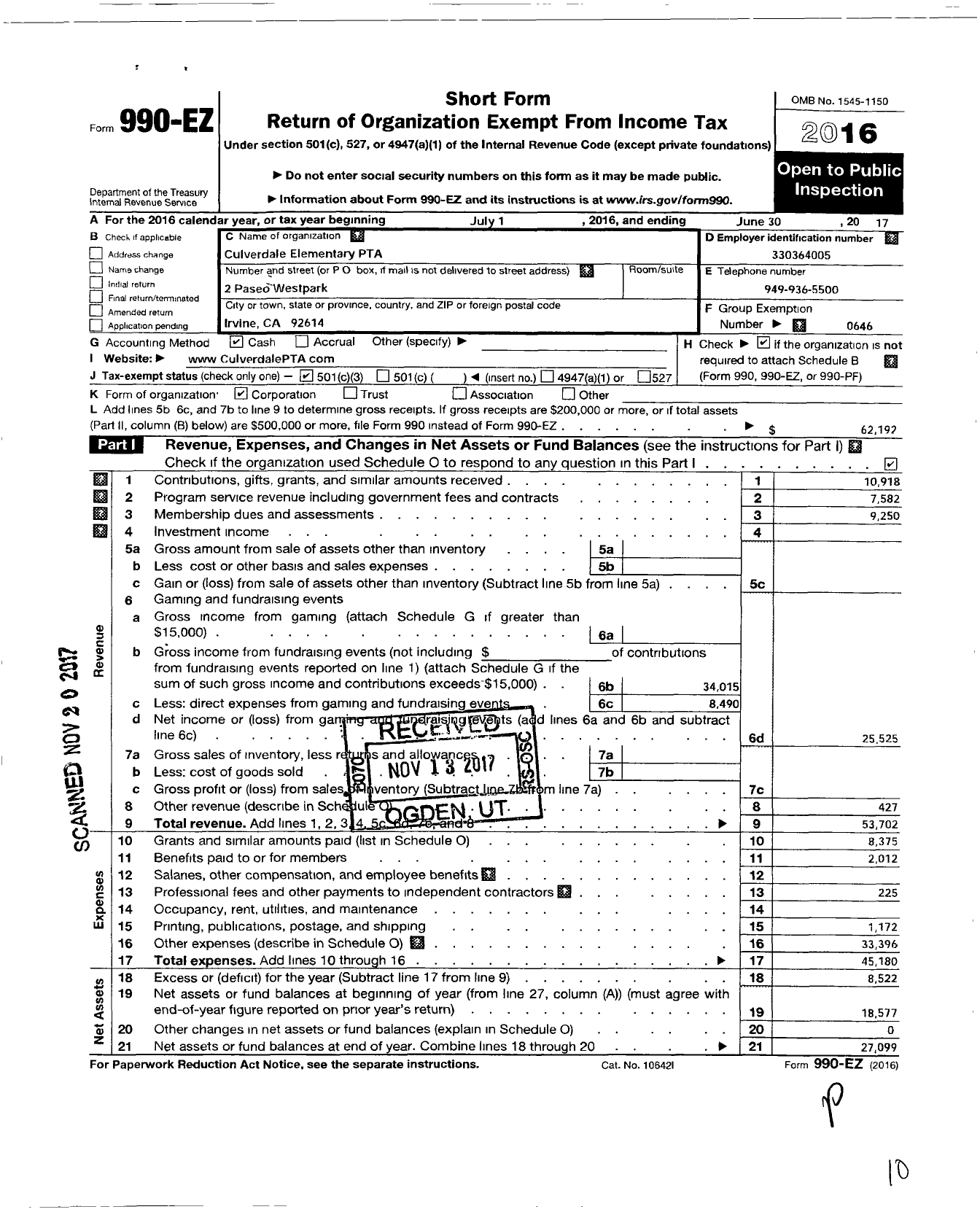 Image of first page of 2016 Form 990EZ for California State PTA - 3590 Culverdale Elementary PTA