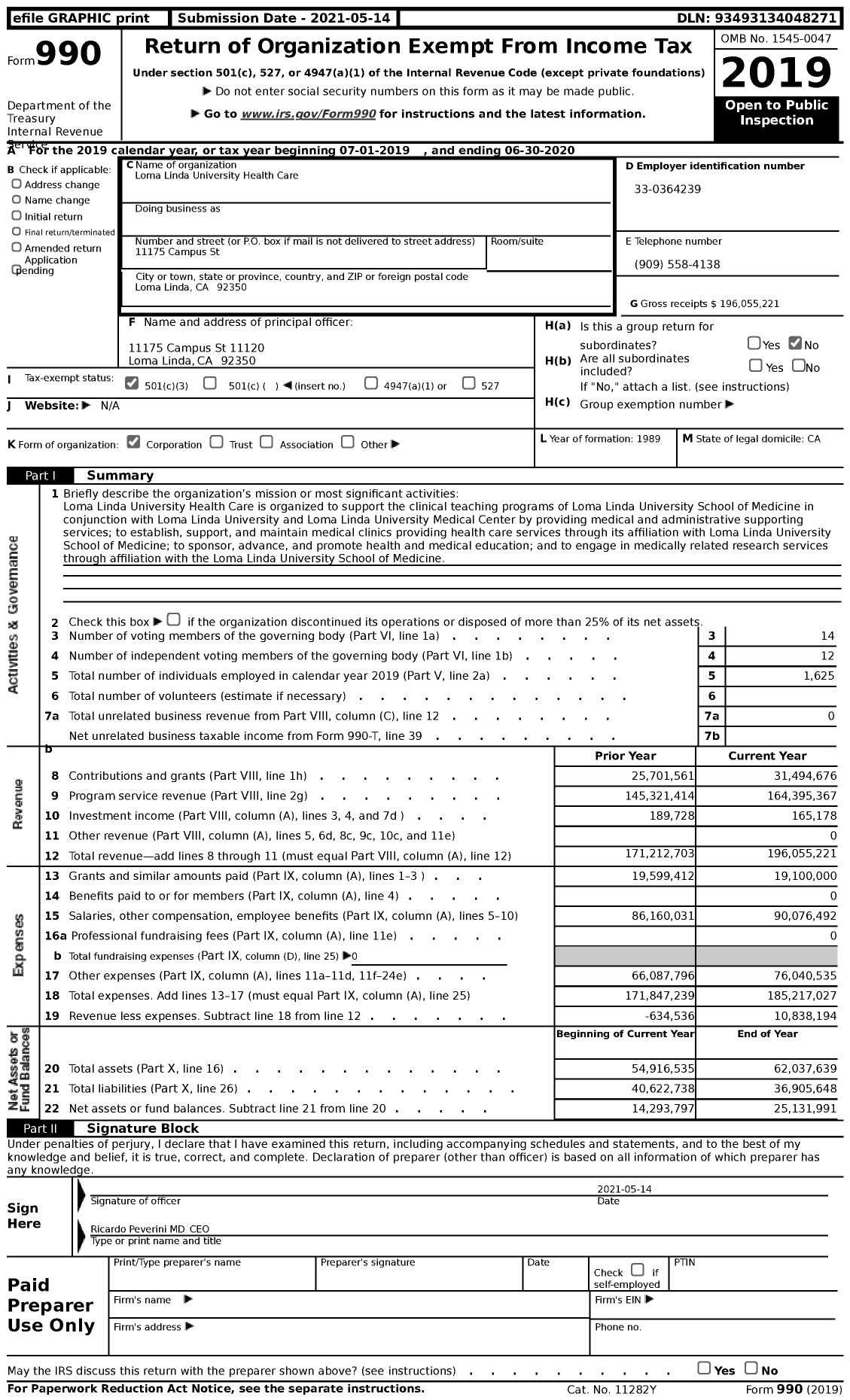 Image of first page of 2019 Form 990 for Loma Linda University Health Care