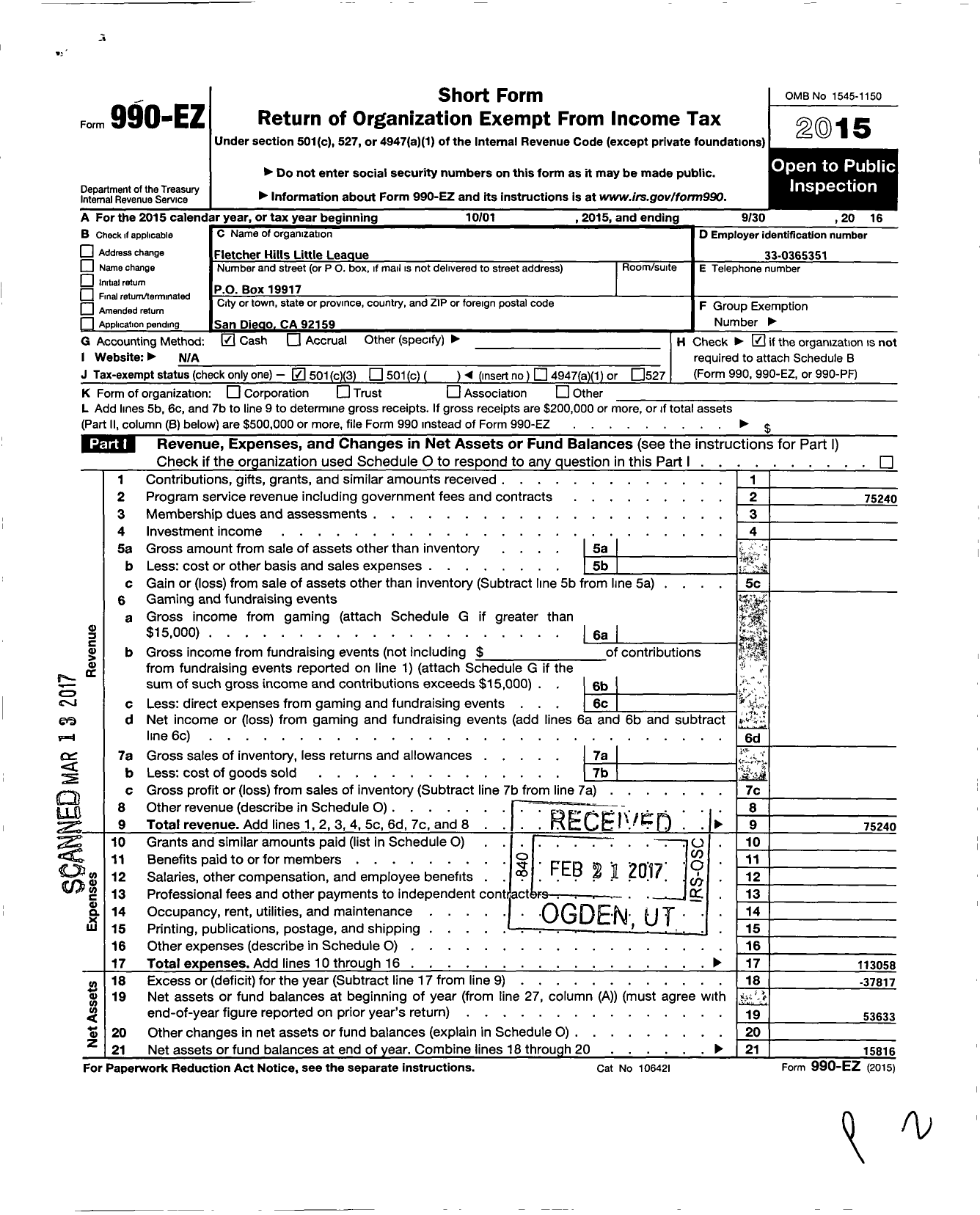 Image of first page of 2015 Form 990EZ for Little League Baseball - 4054103 Fletcher Hills LL