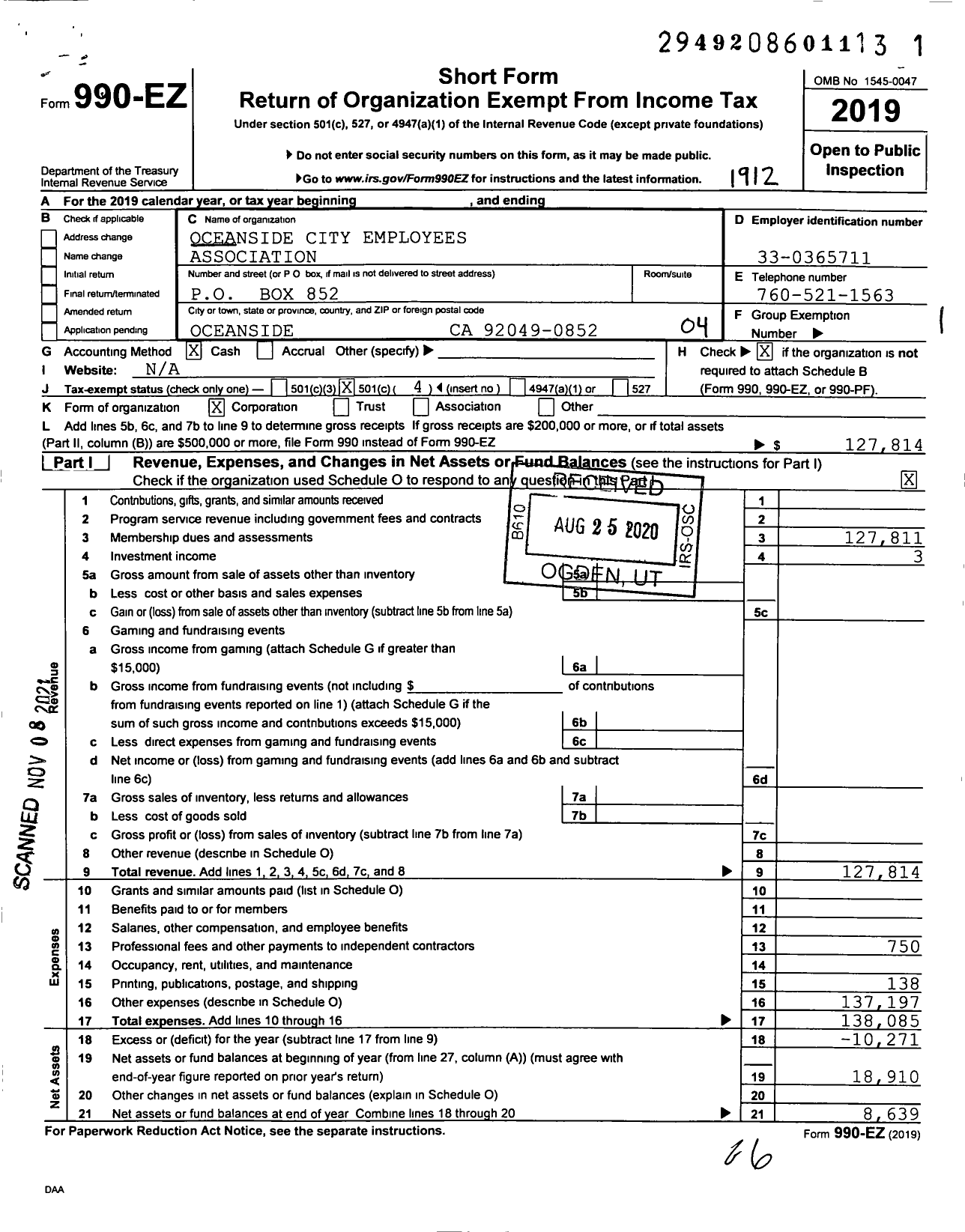 Image of first page of 2019 Form 990EO for Oceanside City Employees Association