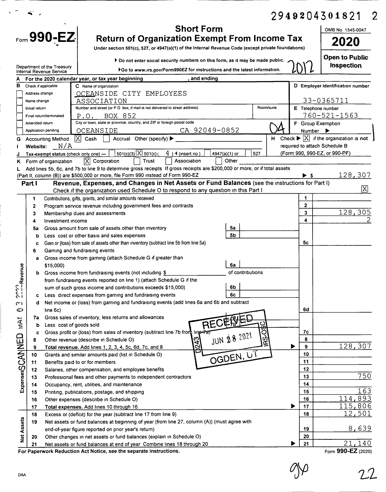 Image of first page of 2020 Form 990EO for Oceanside City Employees Association