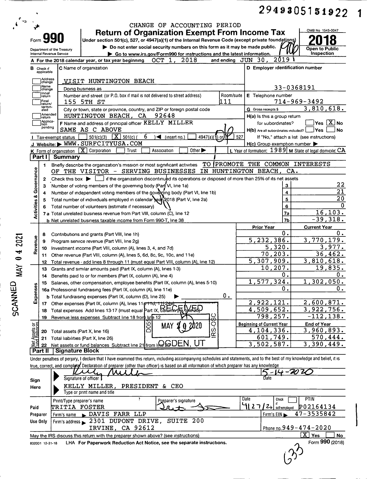 Image of first page of 2018 Form 990O for Visit Huntington Beach