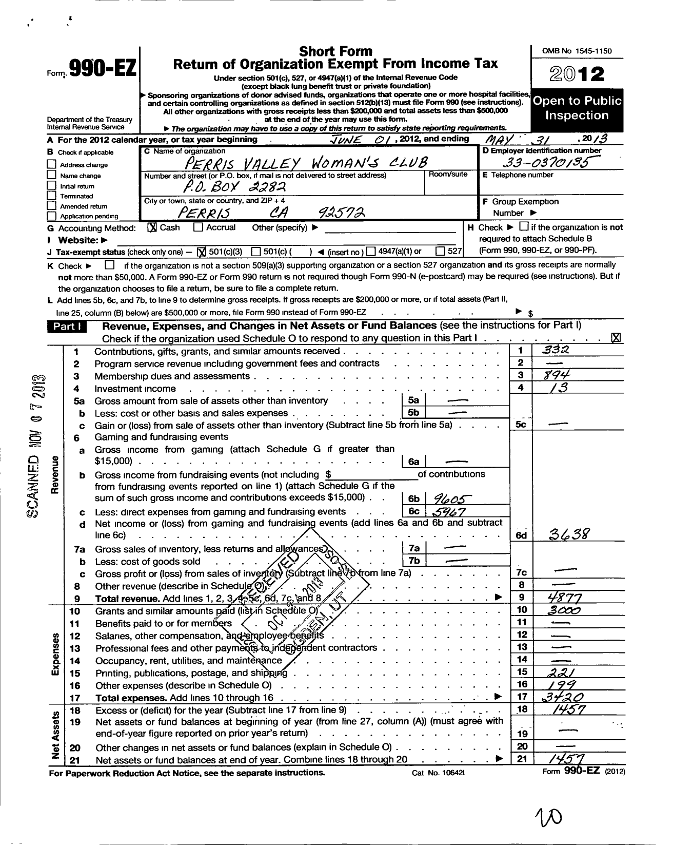 Image of first page of 2012 Form 990EZ for California Federation of Women's Clubs - Perris Valley Womans Club