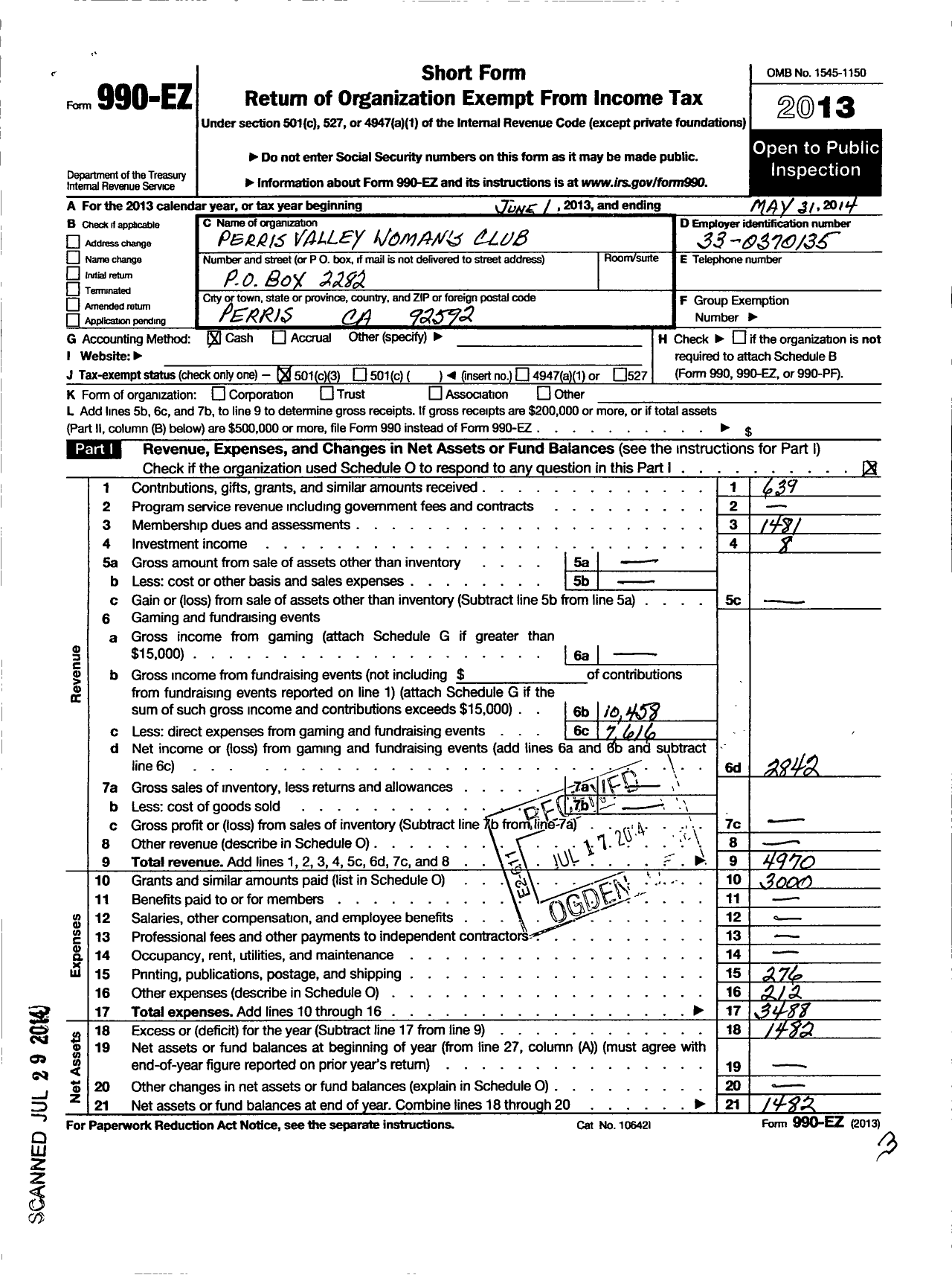 Image of first page of 2013 Form 990EZ for California Federation of Women's Clubs - Perris Valley Womans Club