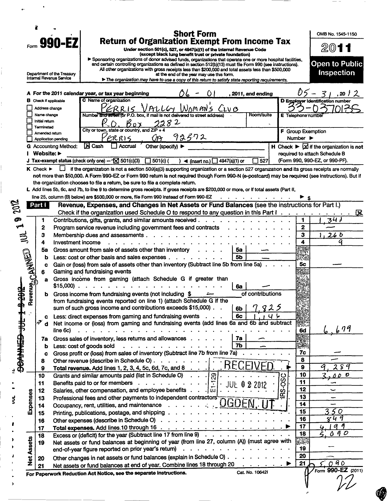 Image of first page of 2011 Form 990EZ for California Federation of Women's Clubs - Perris Valley Womans Club