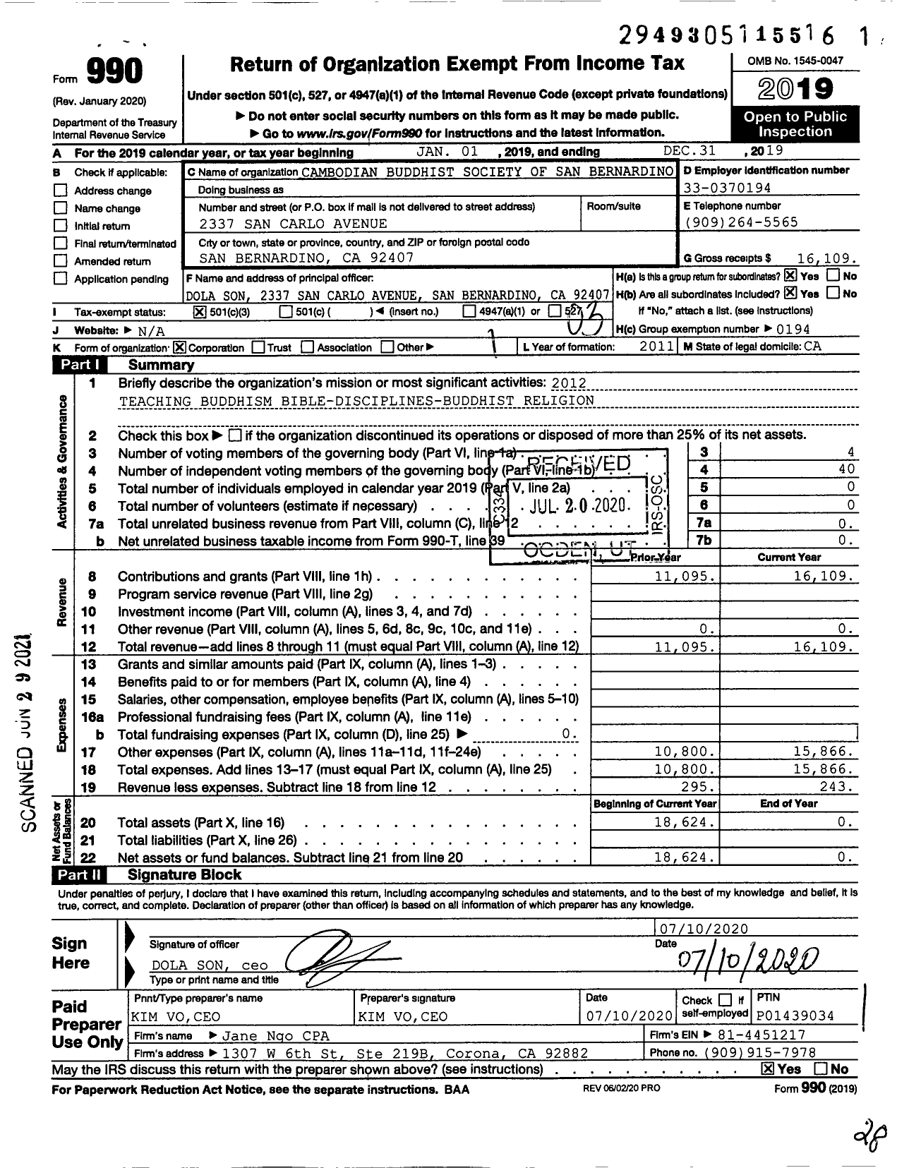 Image of first page of 2019 Form 990 for Cambodian Buddhist Society of San Bernardino