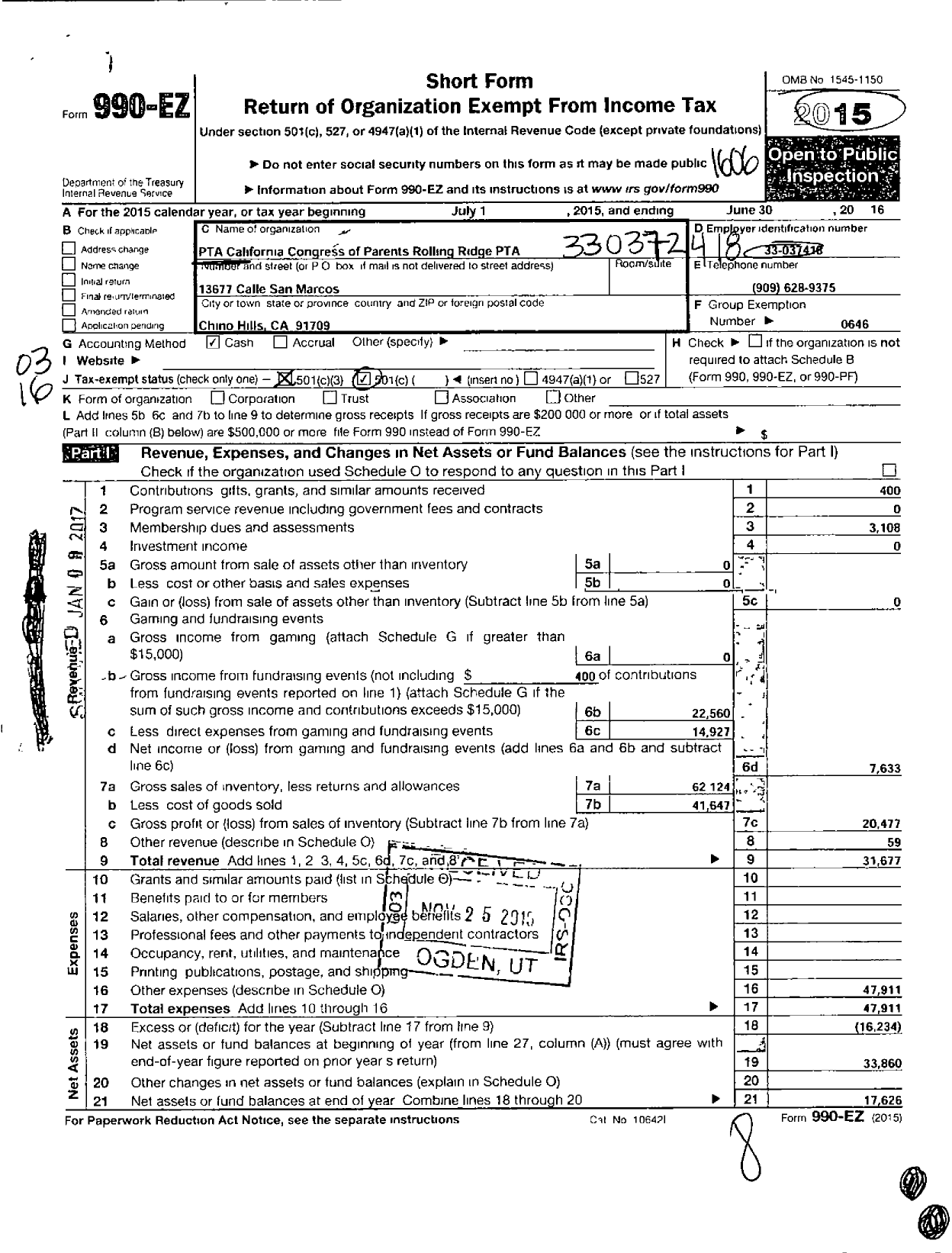 Image of first page of 2015 Form 990EZ for California State PTA - Rolling Ridge Elementary PTA
