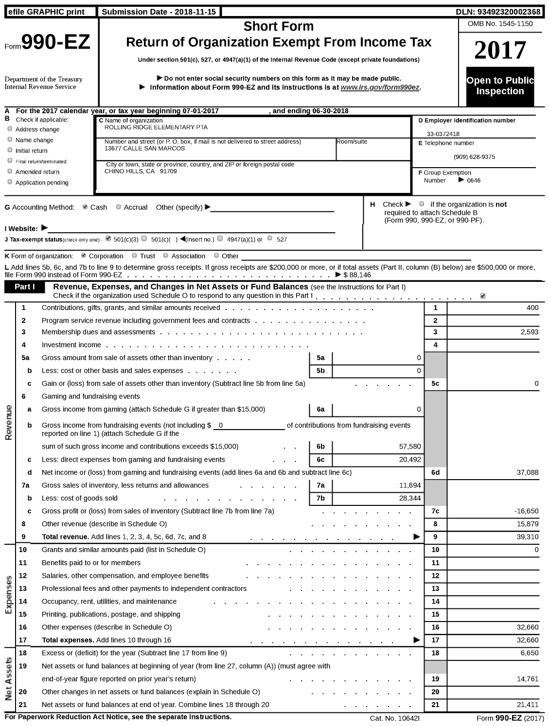 Image of first page of 2017 Form 990EZ for California State PTA - Rolling Ridge Elementary PTA