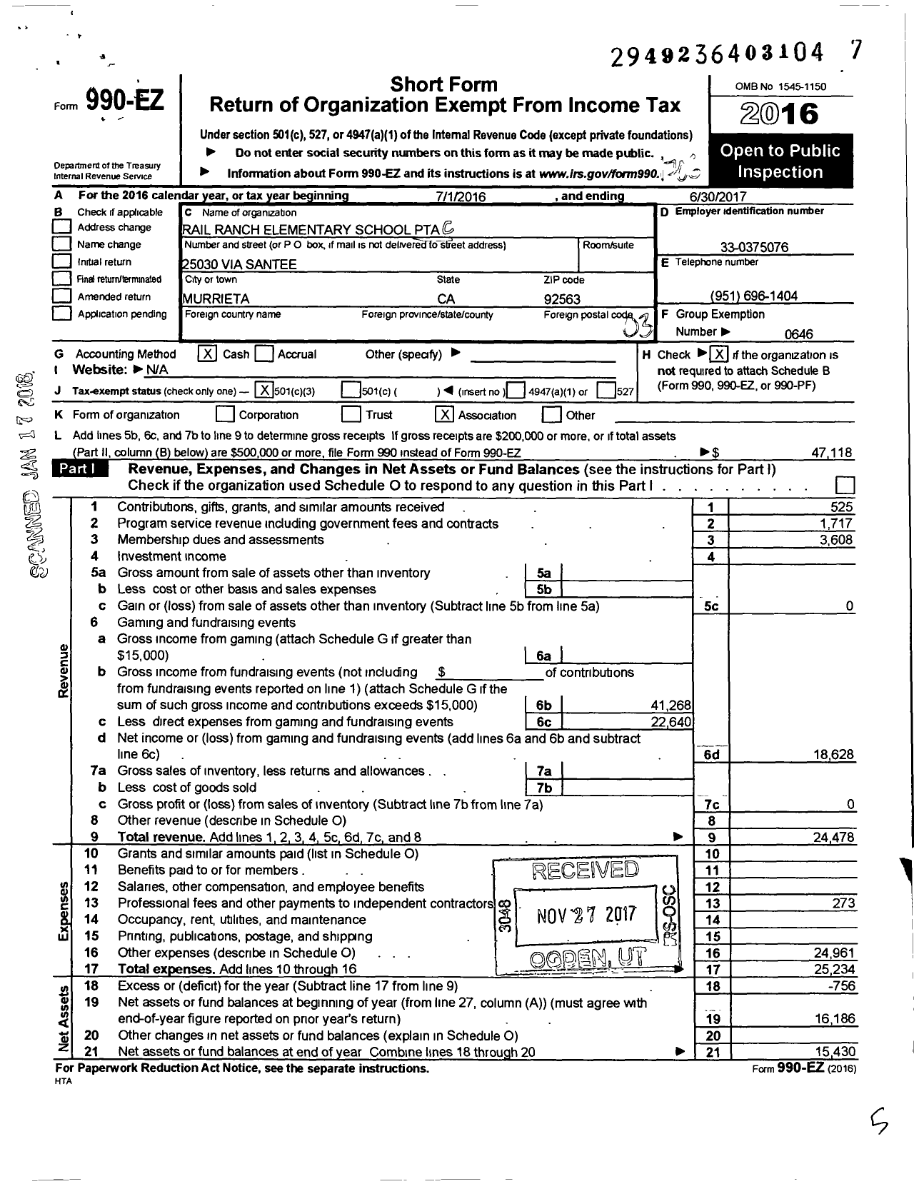 Image of first page of 2016 Form 990EZ for California State PTA - Rail Ranch Elementary PTA