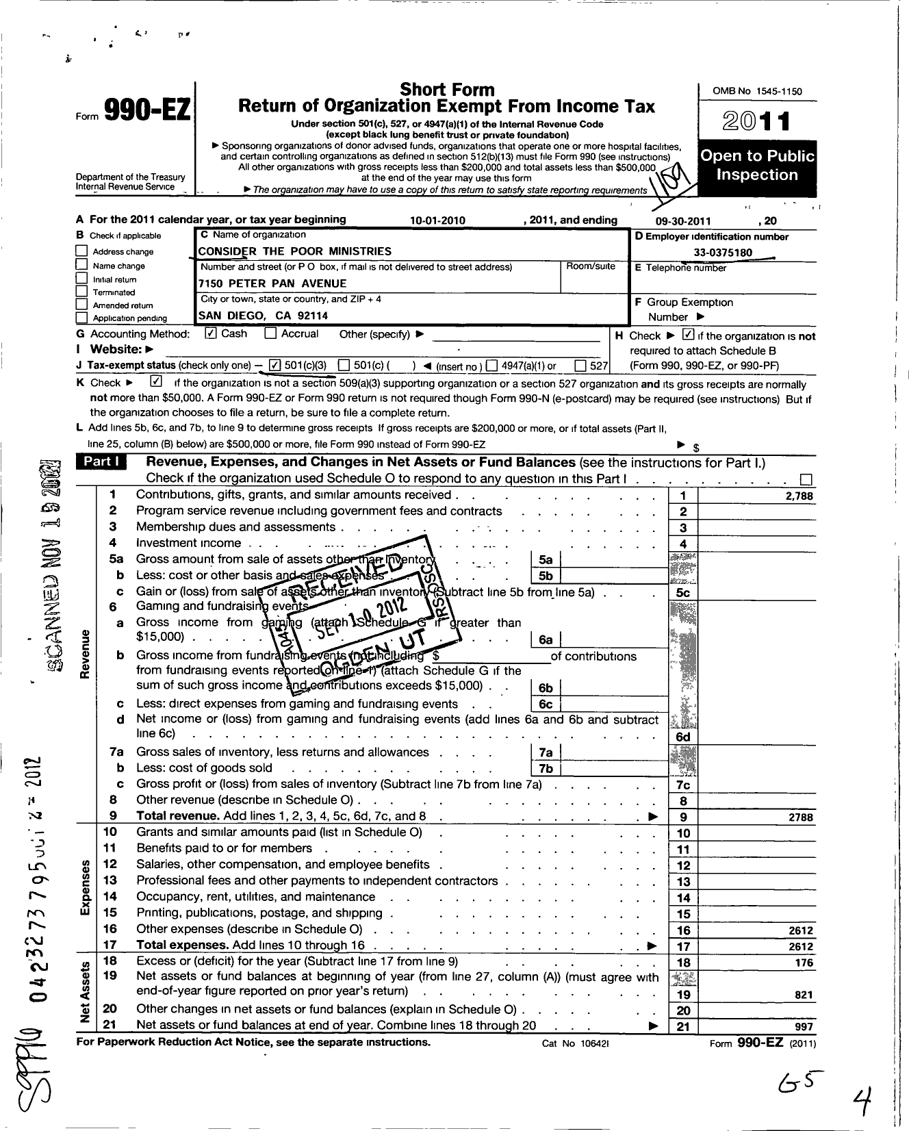 Image of first page of 2010 Form 990EZ for Consider the Poor Ministries