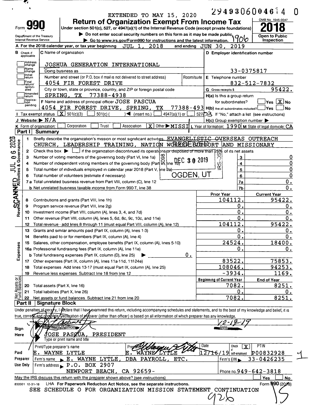 Image of first page of 2018 Form 990 for Joshua Generation International