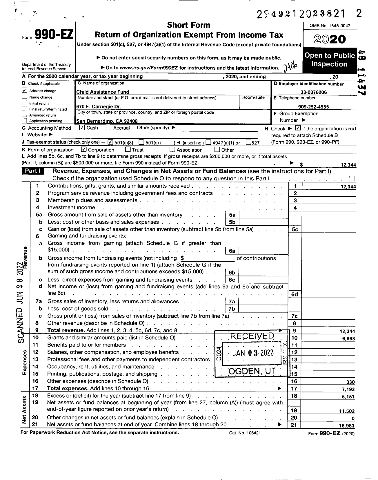 Image of first page of 2020 Form 990EZ for Child Assistance Fund of the San Bernardino Co-Super of Schools