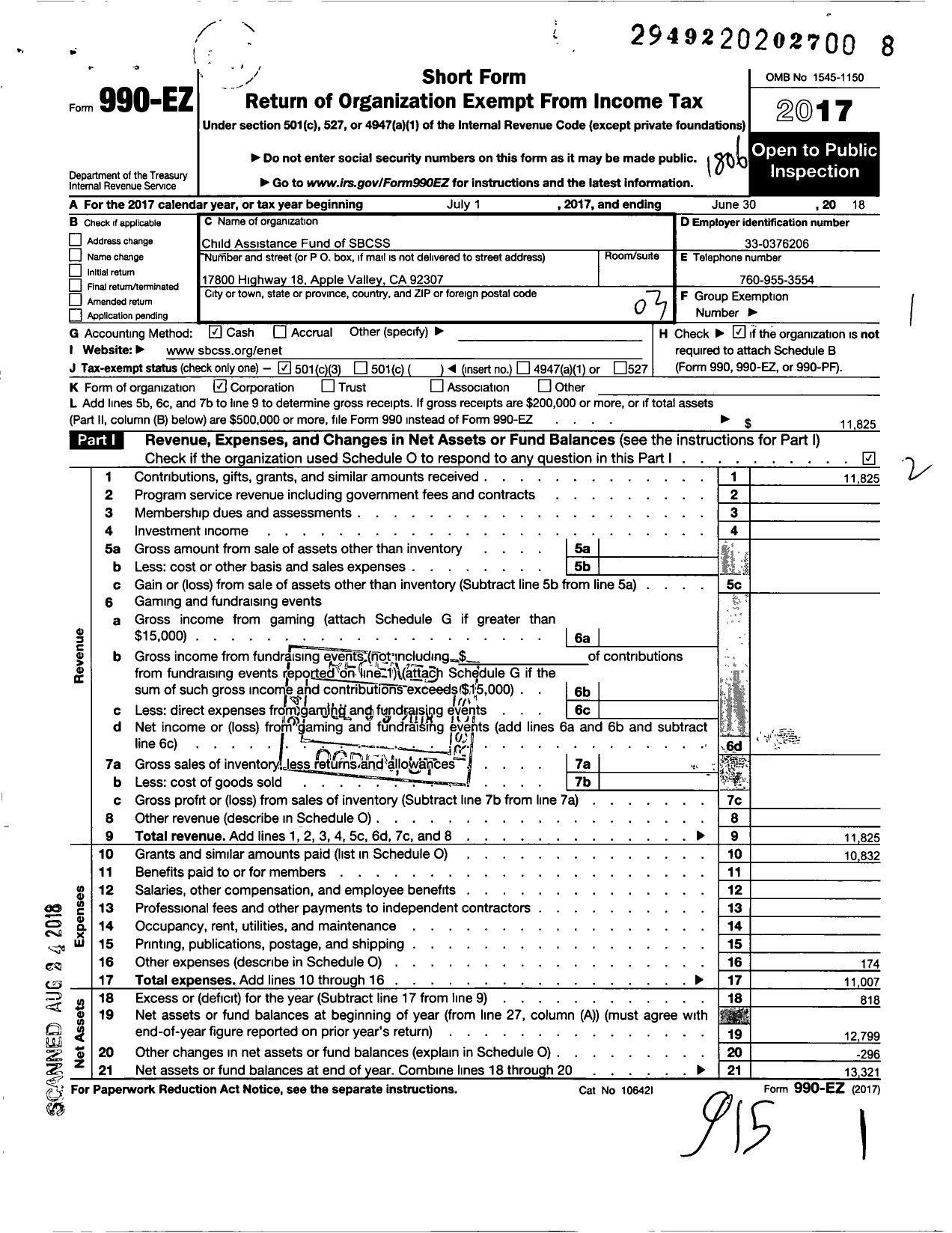 Image of first page of 2017 Form 990EZ for Child Assistance Fund of the San Bernardino Co-Super of Schools