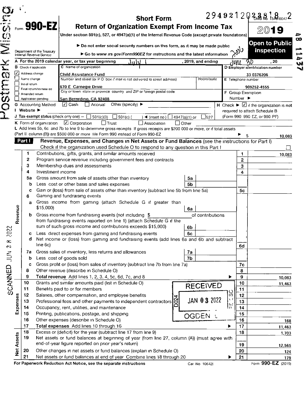 Image of first page of 2019 Form 990EO for Child Assistance Fund of the San Bernardino Co-Super of Schools